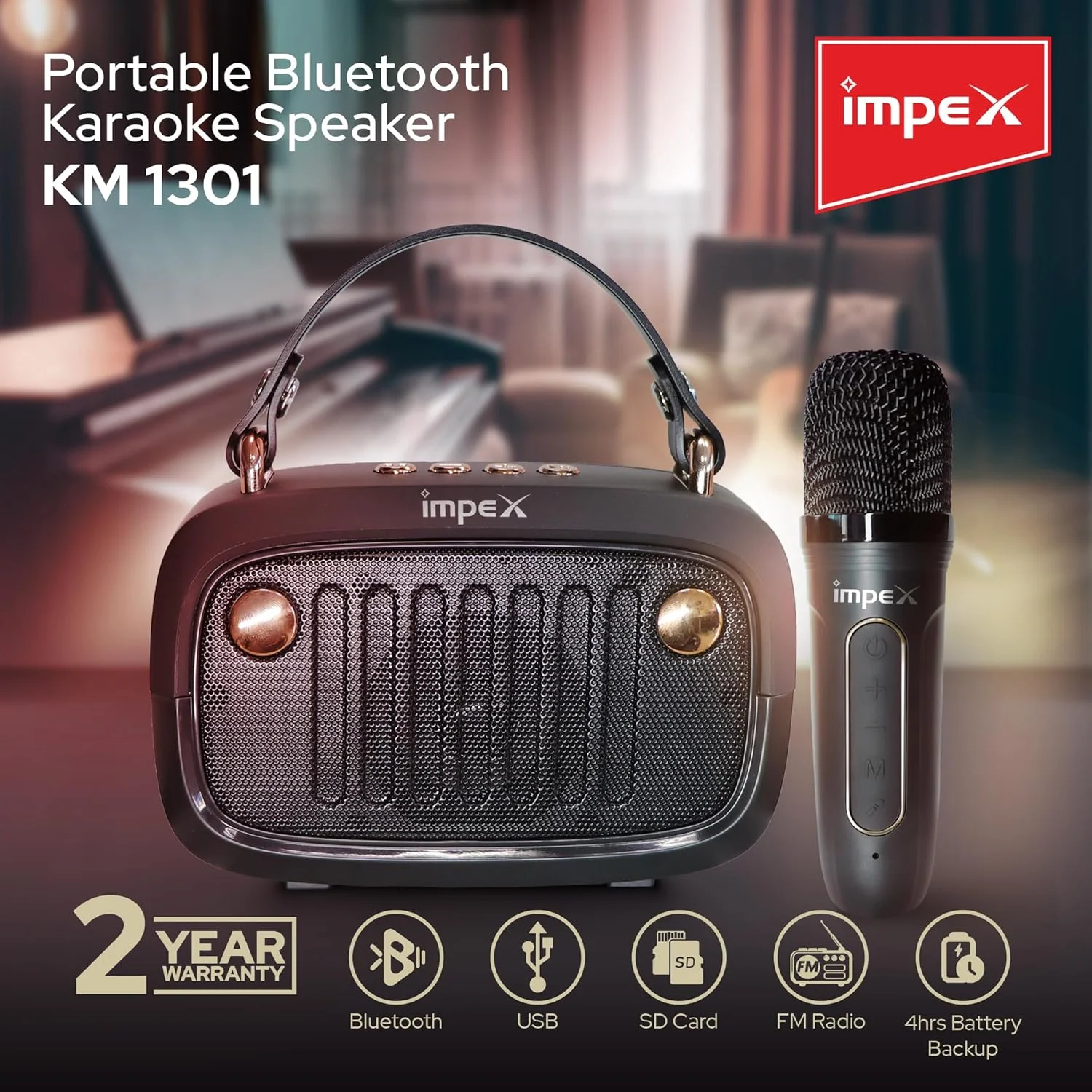 اسپیکر کارائوکه بلوتوث قابل حمل ایمپکس با میکروفون بی سیم و تغییر صدا، باتری قابل شارژ 1200 میلی آمپر ساعتی، خروجی 5 وات، ورودی های FM/USB/TF/بلوتوث، شارژ Type-C (KM 1301) اسپیکر کارائوکه بلوتوث قابل حمل ایمپکس با میکروفون بی سیم و تغییر صدا، باتری قابل شارژ 1200 میلی آمپر ساعتی، خروجی 5 وات، ورودی های FM/USB/TF/بلوتوث، شارژ Type-C (KM 1301)