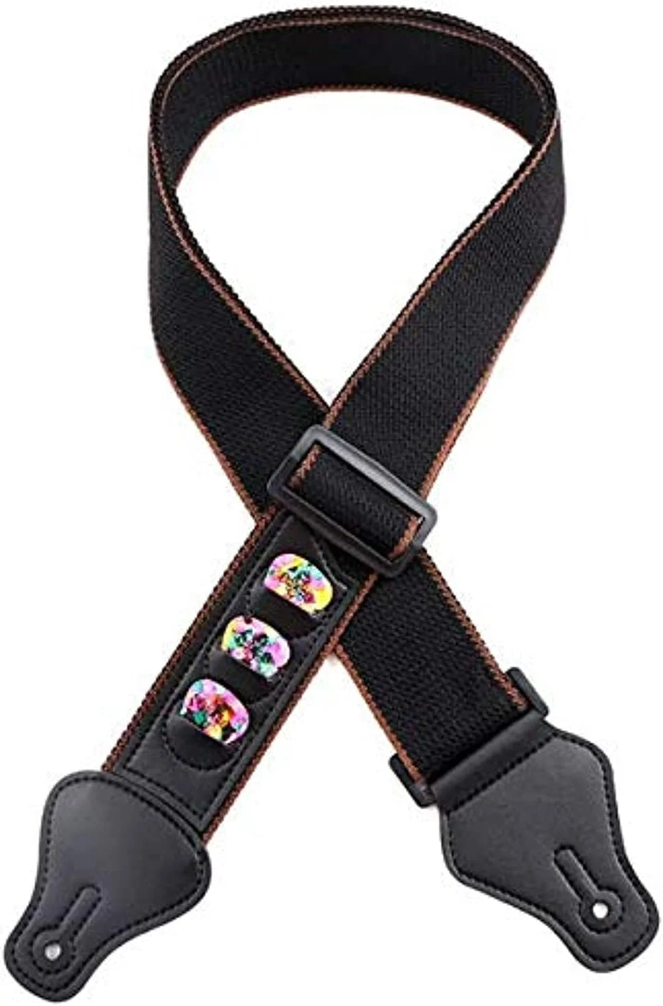 بند گیتار الکتریک آکوستیک چند منظوره باس با 3 جای پیک و انتهای چرمی و پارچه لوازم جانبی گیتار (انتخاب پیک تصادفی)