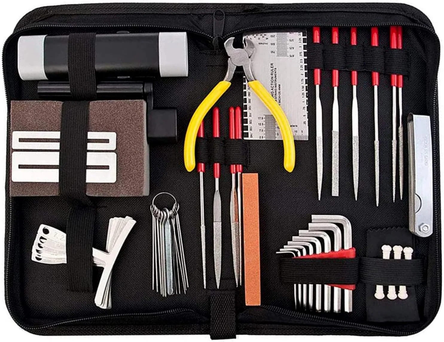 ست ابزار 57 عددی گیتار به همراه کیف حمل، ابزار تعمیر و نگهداری، خط کش اکشن سیم، سوهان سازنده گیتار، پین های بریج گیتار برای گیتار، یوکللی، باس، بانجو، لوازم جانبی سازهای زهی، انتخاب هدیه برای دوستداران موسیقی