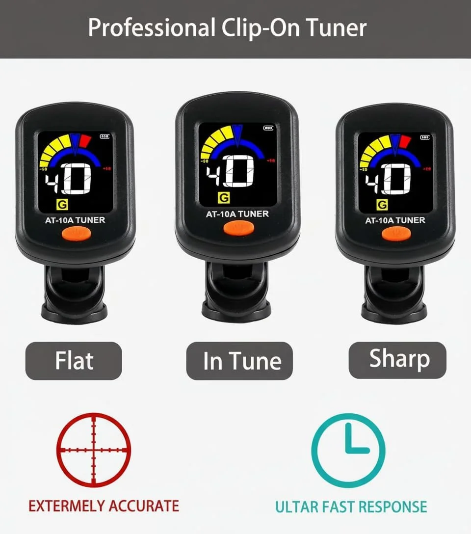 کوک کننده گیتار KASTWAVE شارژی، کوک کننده گیره ای با صفحه نمایش رنگی LCD با نور روشن با حالت های کوک گیتار، یوکللی، ویولن و کروماتیک، کوک کننده برای سازهای موسیقی