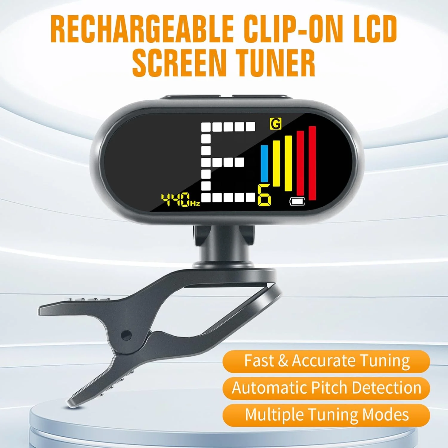 تیونر گیره ای گیتار Focket، تیونر گیتار الکتریک با قابلیت چرخش 360 درجه با صفحه نمایش رنگی LCD، پاسخ سریع، تیونرهای قابل شارژ برای کروماتیک، گیتار، باس و یوکللی