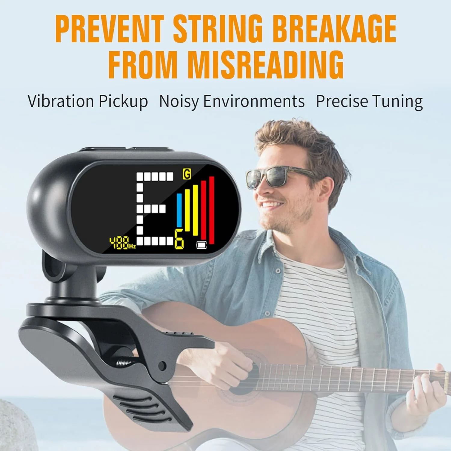 تیونر گیره ای گیتار Focket، تیونر گیتار الکتریک با قابلیت چرخش 360 درجه با صفحه نمایش رنگی LCD، پاسخ سریع، تیونرهای قابل شارژ برای کروماتیک، گیتار، باس و یوکللی
