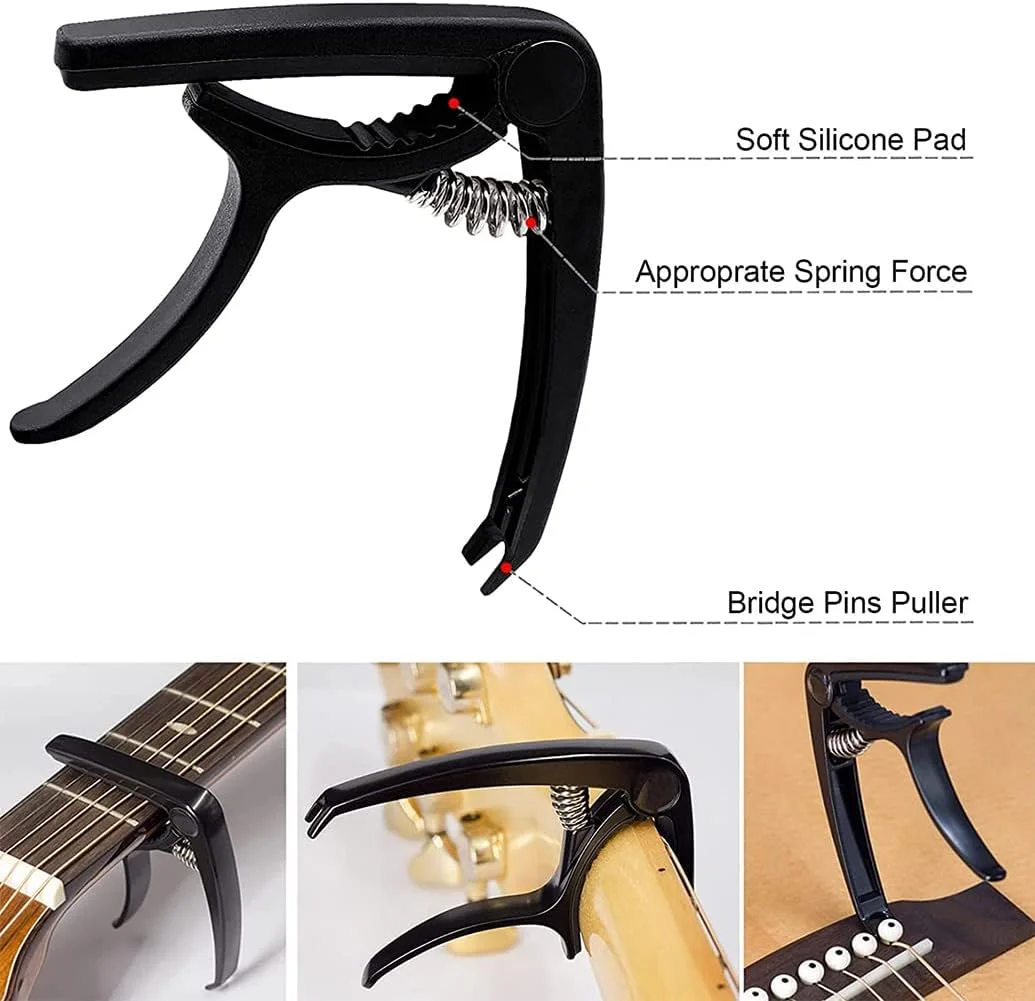 کیت لوازم جانبی گیتار شامل سیم های گیتار آکوستیک، تیونر، کاپو، ابزار سیم جمع کن 3 در 1، پیک، نگهدارنده پیک، پین های بریج، خرک و شیطانک، محافظ انگشت، پیک انگشتی کیت لوازم جانبی گیتار شامل سیم های گیتار آکوستیک، تیونر، کاپو، ابزار سیم جمع کن 3 در 1، پیک، نگهدارنده پیک، پین های بریج، خرک و شیطانک، محافظ انگشت، پیک انگشتی