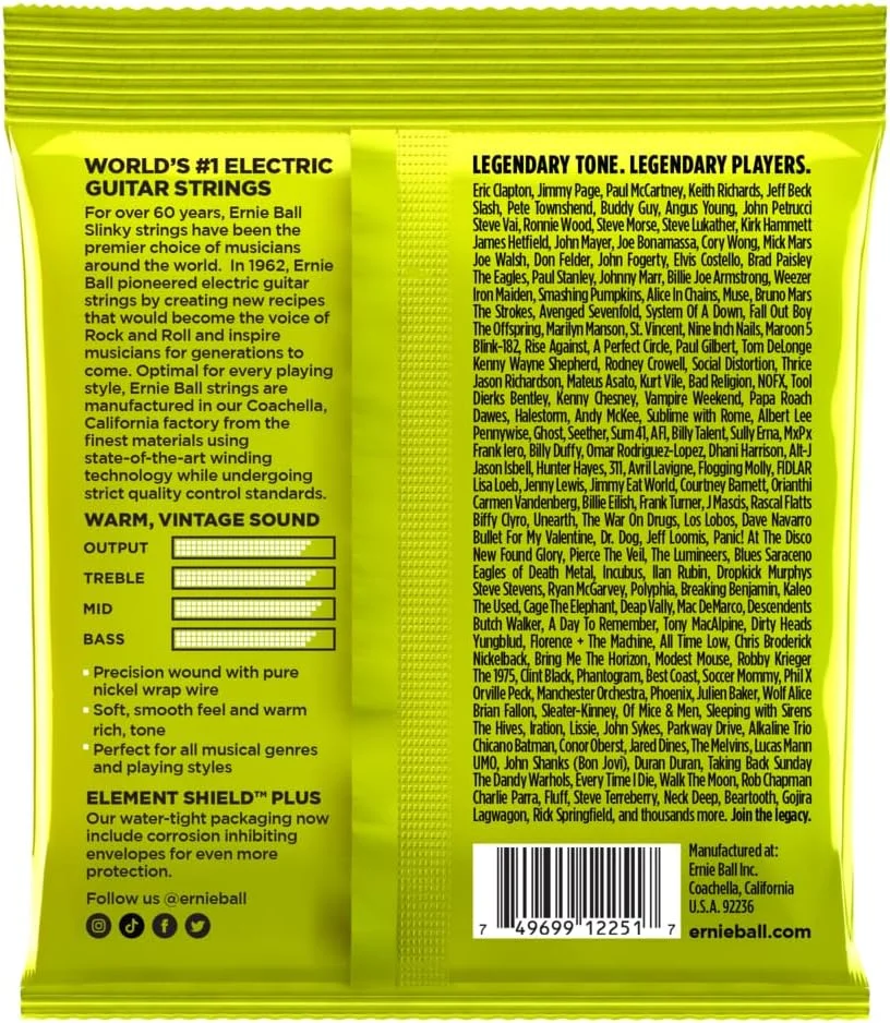 سیم گیتار الکتریک ارنی بال اسلینکی کلاسیک راک اند رول با روکش نیکل خالص - گیج 10-46