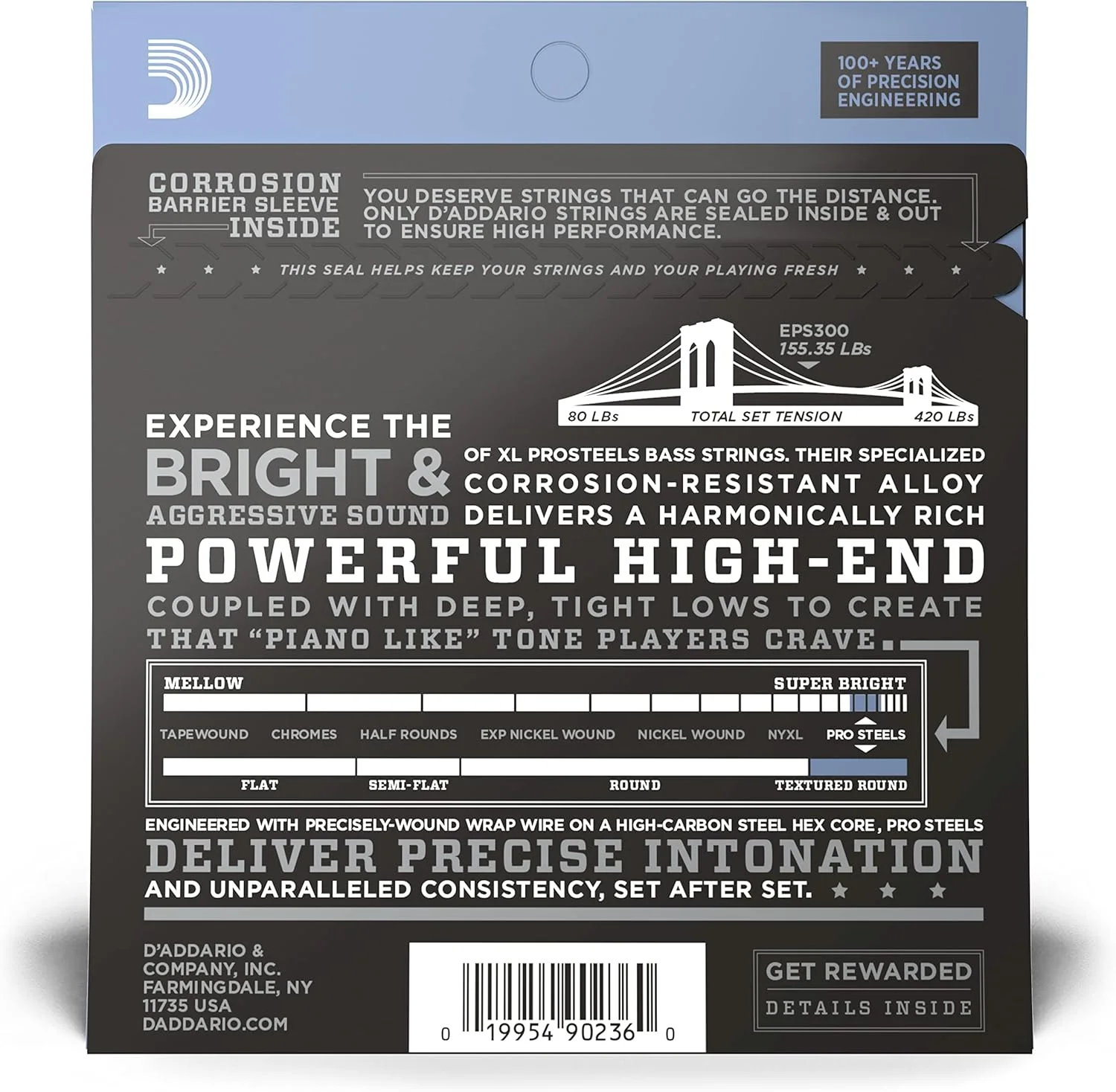 سیم های گیتار باس D'Addario XL ProSteels - EPS300 - مقیاس بلند - سفارشی سبک بالا/متوسط پایین مخروطی، 43-107