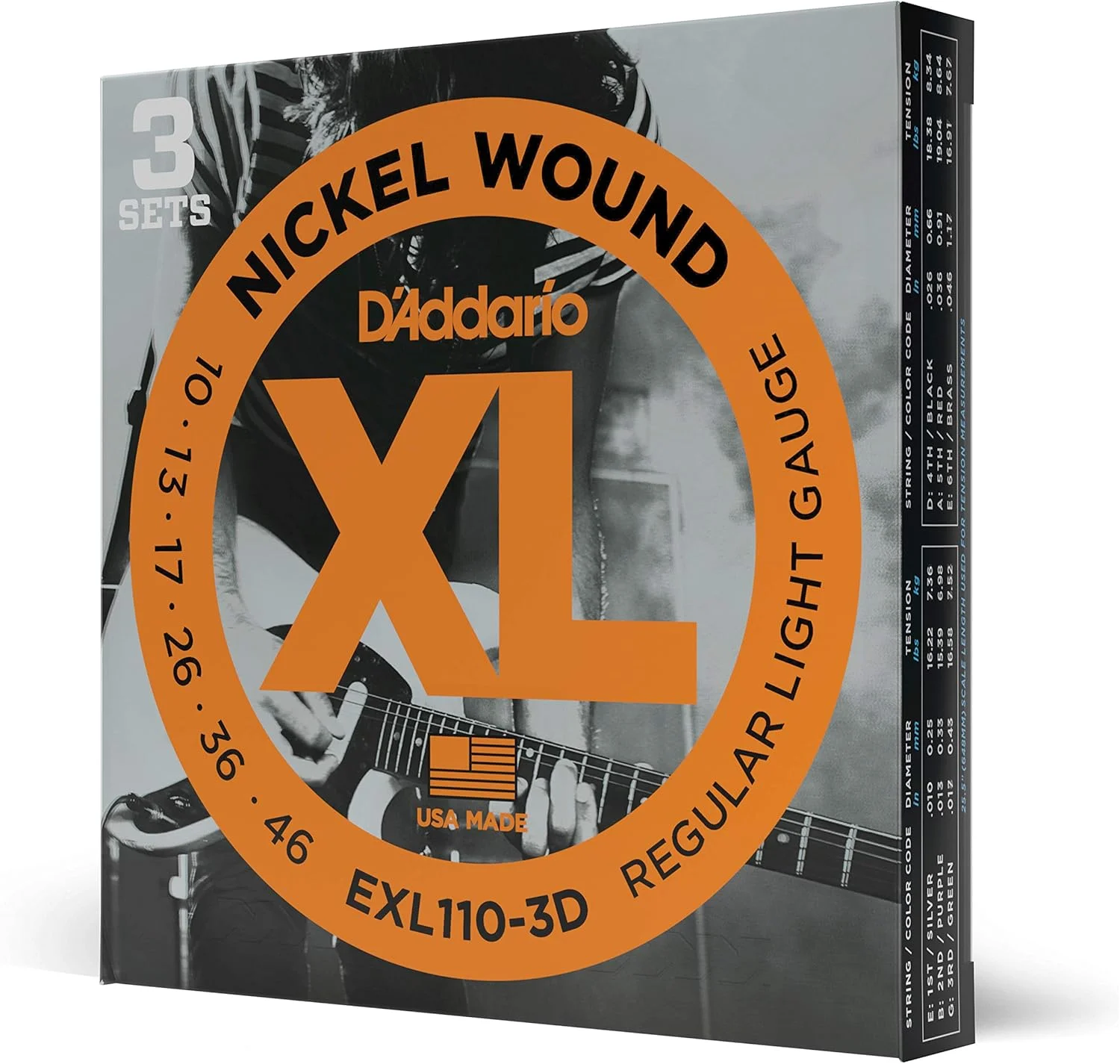 سیم گیتار D'Addario - سیم گیتار الکتریک نیکل XL - EXL110-3D - کوک عالی، حس ثابت، دوام قابل اعتماد - برای گیتارهای 6 سیم - 10-46 Regular Light، بسته 3 عددی
