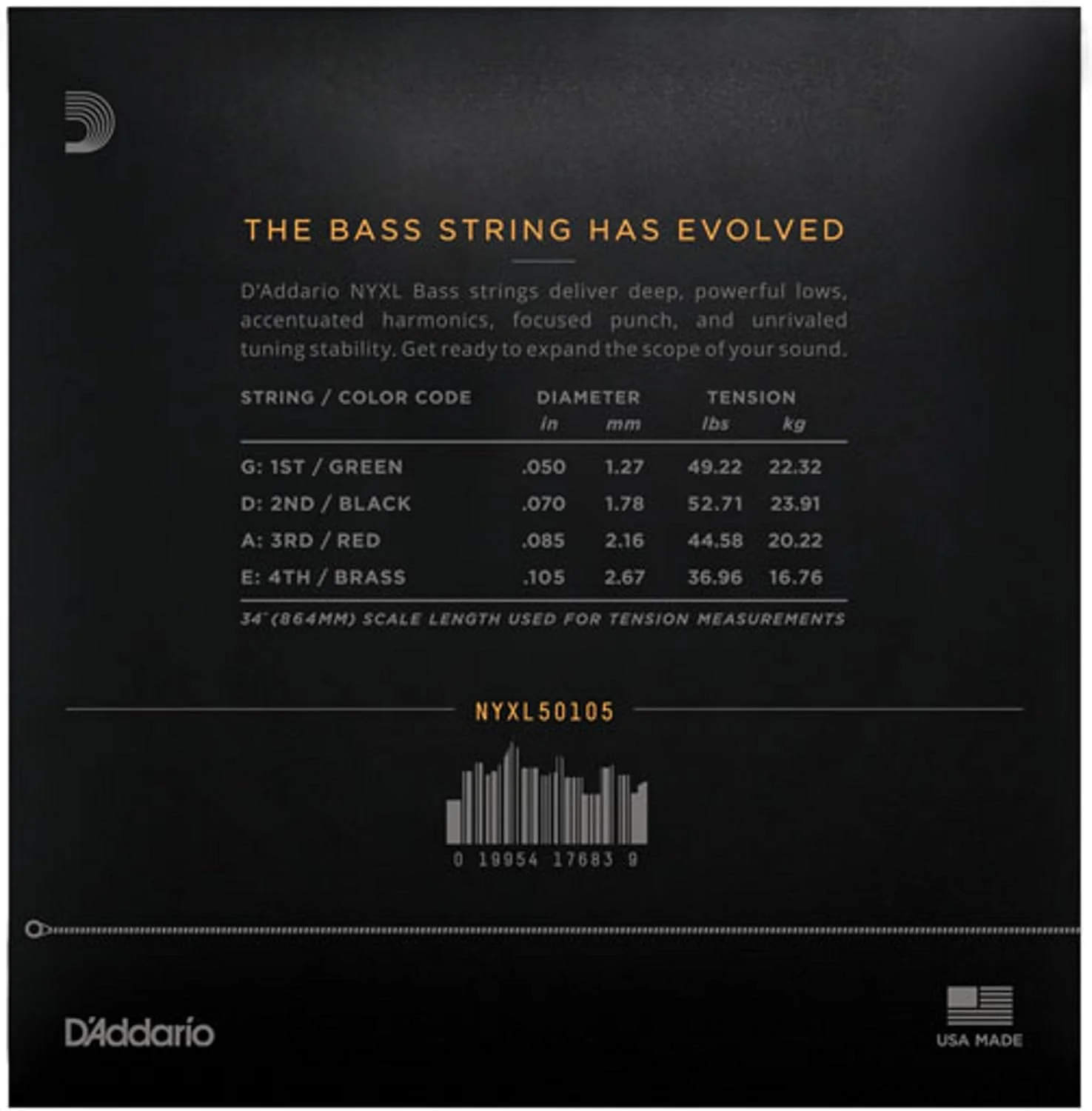 سیم گیتار باس D'Addario - سیم های باس NYXL - NYXL50105 - استحکام بی نظیر، ثبات کوک، پاسخ دهی بهبود یافته - برای گیتارهای باس 4 سیم - 50-105 متوسط، مقیاس بلند