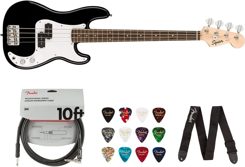 باندل گیتار باس Squier by Fender Mini Precision (لورل، مشکی) به همراه کابل 3 متری Fender (صاف/صاف)، بسته 12 عددی پیک گیتار Fender و بند گیتار 2 اینچی Fender