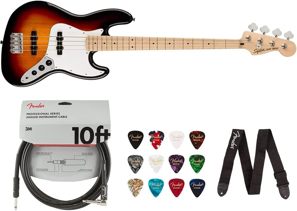 باندل گیتار باس Squier Jazz Bass - دسته افرا، سانبرست سه رنگ به همراه لوازم جانبی
