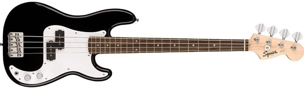 باندل گیتار باس Squier by Fender Mini Precision (لورل، مشکی) به همراه کابل 3 متری Fender (صاف/صاف)، بسته 12 عددی پیک گیتار Fender و بند گیتار 2 اینچی Fender