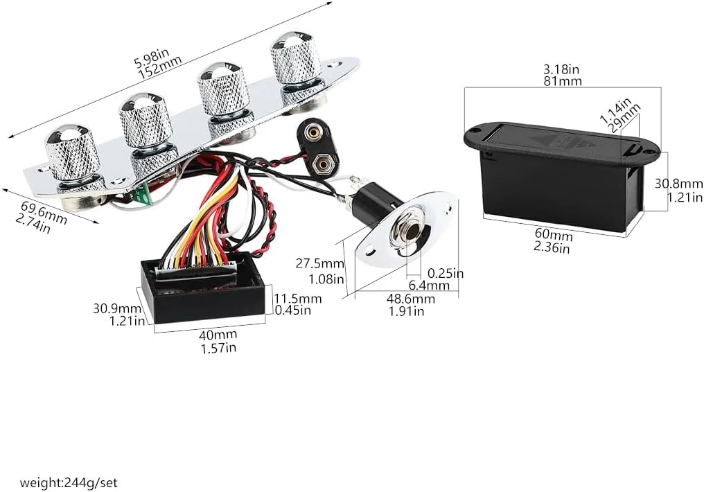 صفحه کنترل از پیش سیم کشی شده با دسته سیم مناسب برای گیتار باس الکتریکی، همراه با دستگیره های فلزی، پتانسیومترها، مجموعه مدار برای قطعات جایگزین گیتار باس جاز نقره ای