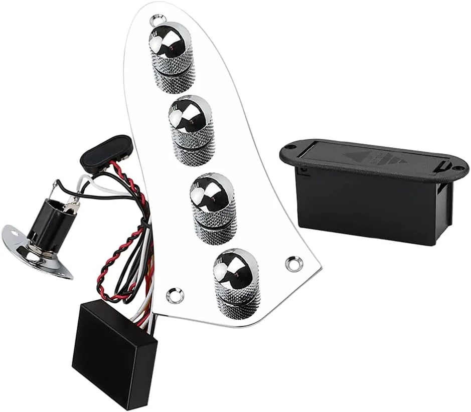 صفحه کنترل از پیش سیم کشی شده با دسته سیم مناسب برای گیتار باس الکتریکی، همراه با دستگیره های فلزی، پتانسیومترها، مجموعه مدار برای قطعات جایگزین گیتار باس جاز نقره ای