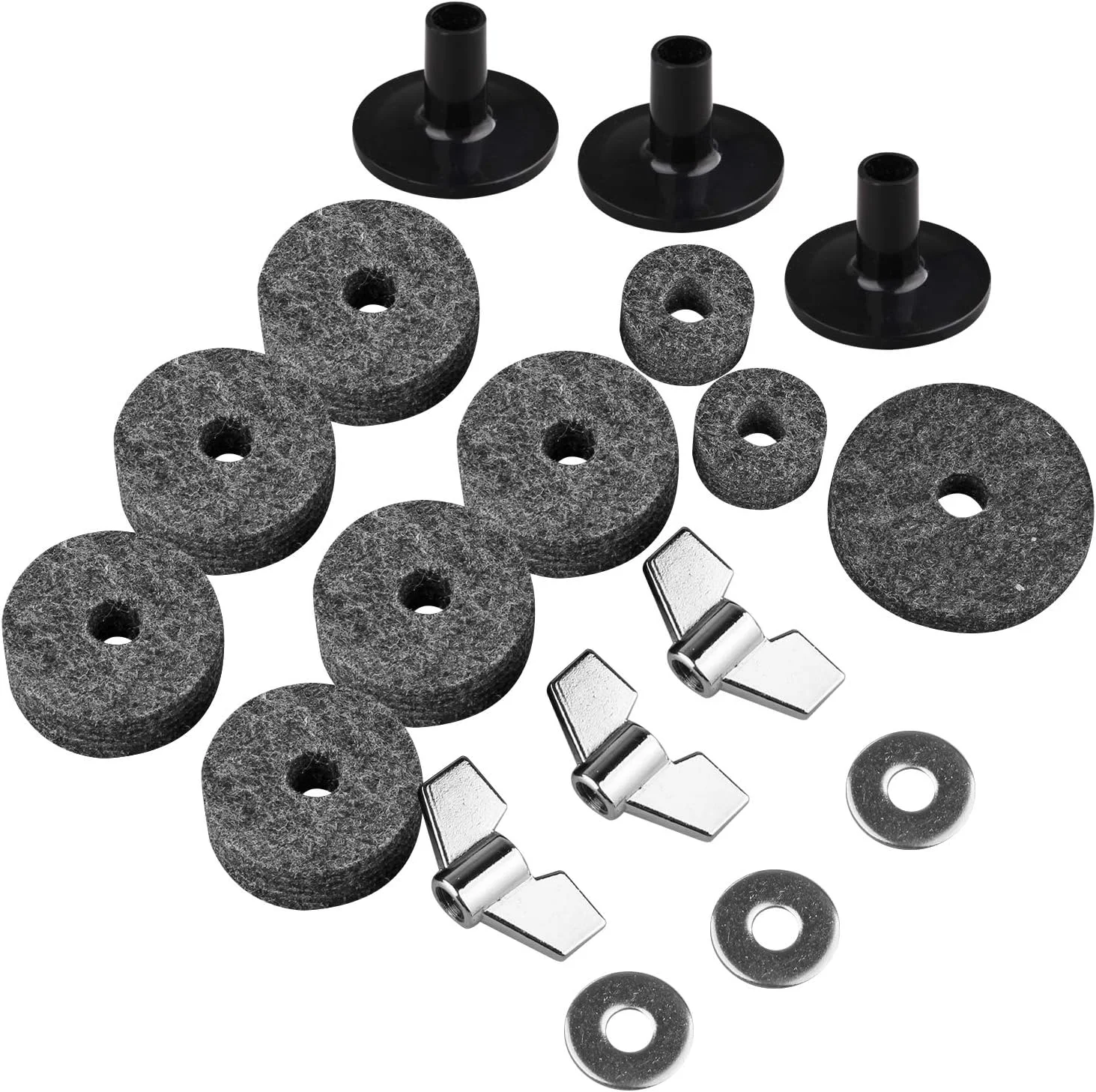 18 قطعه لوازم جانبی جایگزین سنج، شامل 3 آستین سنج با پایه، 6 نمد سنج، 2 نمد کلاچ Hi-hat، 1 نمد فنجانی Hi-hat، 3 مهره بالدار و 3 واشر برای کیت درام