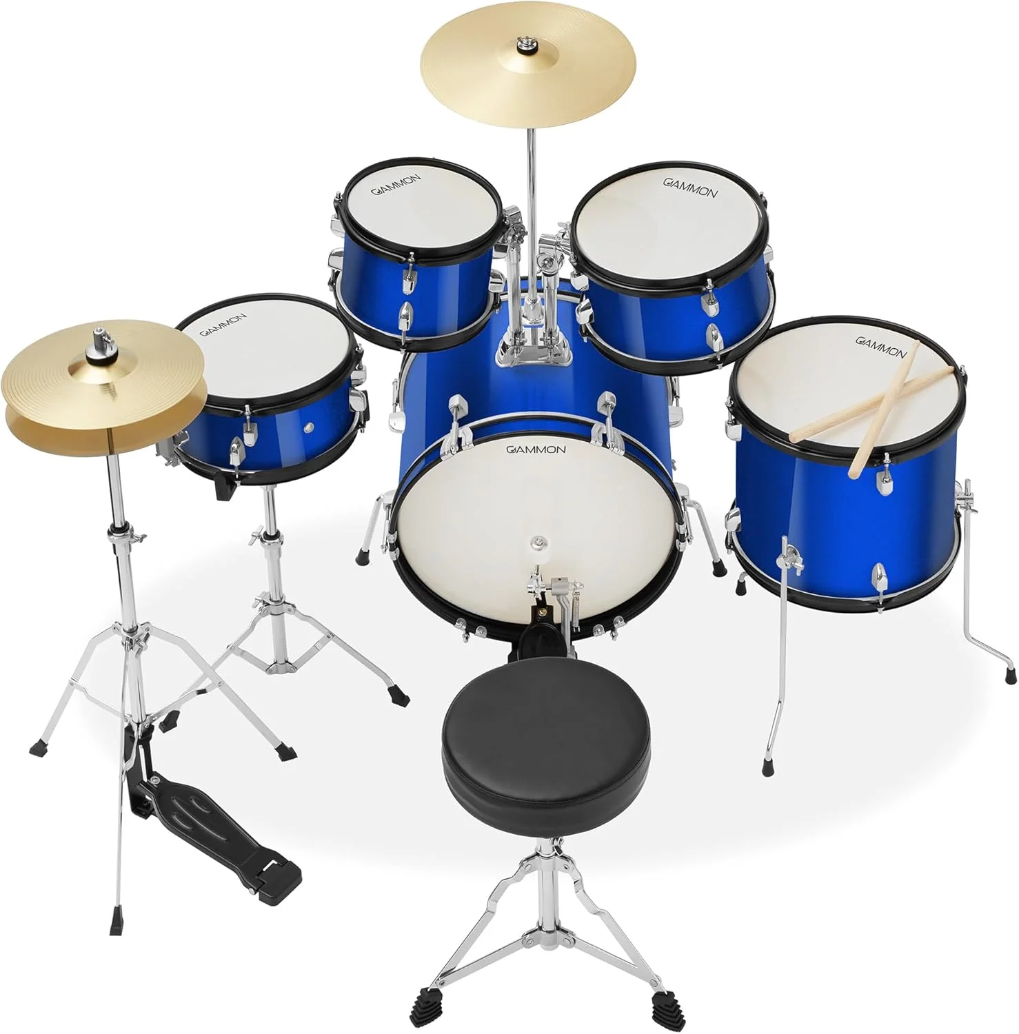 ست درام مبتدی ۵ تکه Gammon به همراه سنج، سخت افزار، چوب و صندلی - آبی متالیک ست درام مبتدی ۵ تکه Gammon به همراه سنج، سخت افزار، چوب و صندلی - آبی متالیک