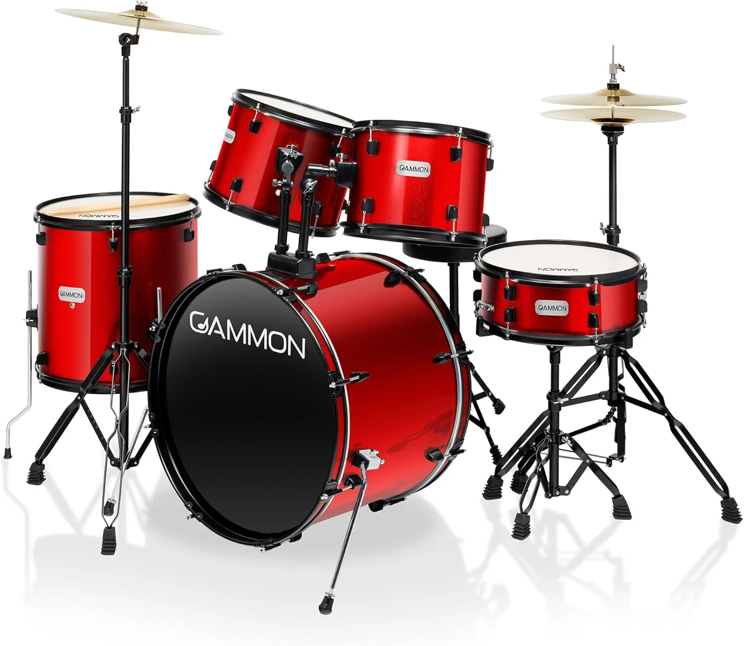 ست کامل درام 5 تکه بزرگسال Gammon Percussion با سنج، پایه، صندلی و چوب - قرمز