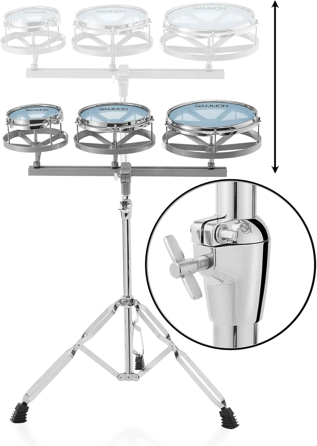 ست درام روتو تام گامون در سایزهای 6، 8 و 10 اینچ به همراه پایه دوبل و سرهای قابل کوک