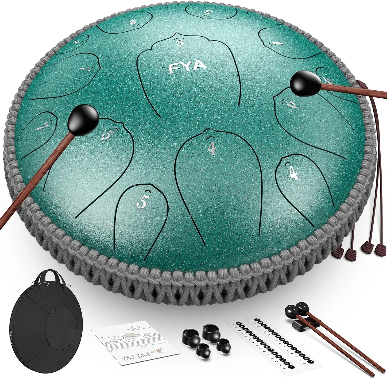 طبل فولادی زبانی FYA سایز ۱۴ اینچ، ۱۵ نت، گام ر ماژور، مناسب کودکان و بزرگسالان، به همراه چکش‌های لاستیکی، پیک انگشتی و کیف حمل پددار، هدیه‌ای خاص برای او (مالاکیت - ۱۵ نت ۱۴ اینچ)