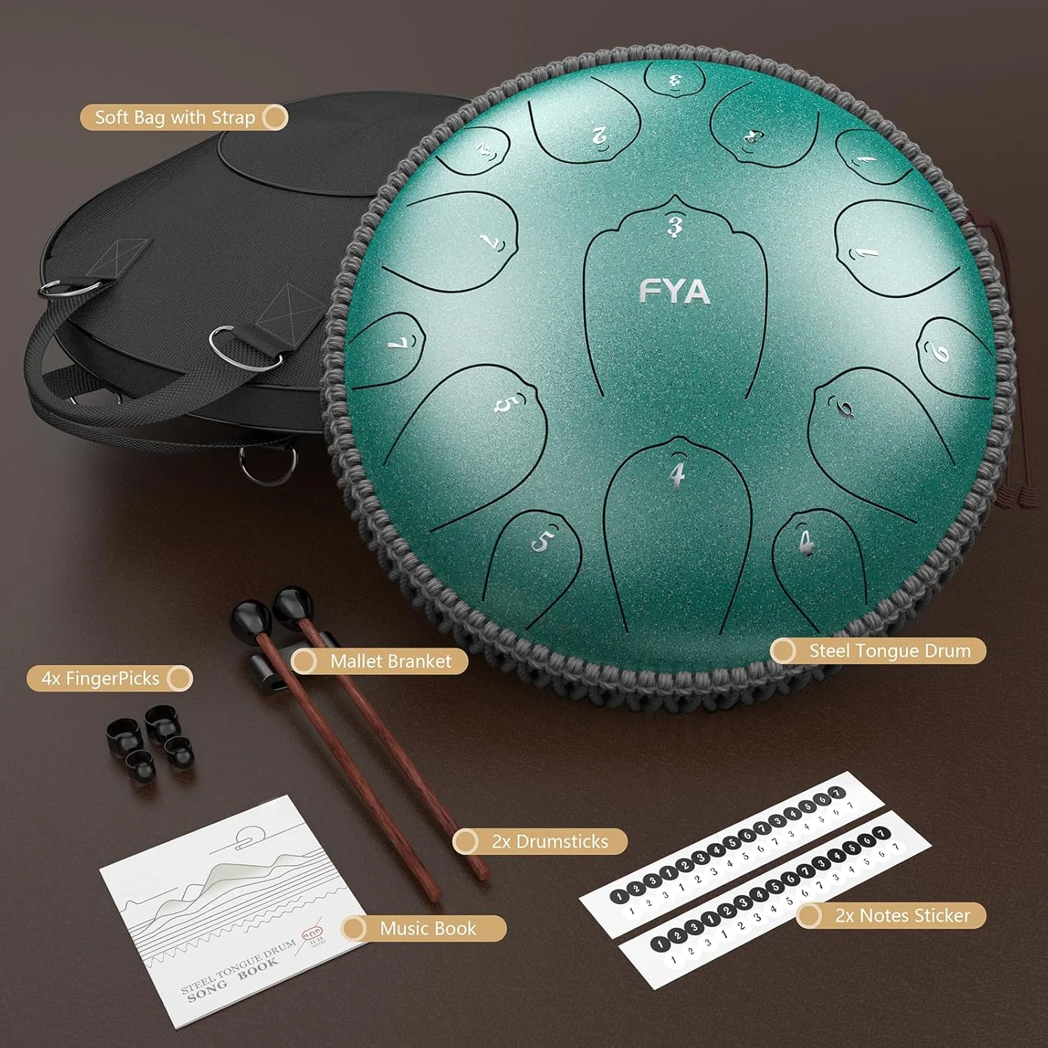طبل فولادی زبانی FYA سایز ۱۴ اینچ، ۱۵ نت، گام ر ماژور، مناسب کودکان و بزرگسالان، به همراه چکش‌های لاستیکی، پیک انگشتی و کیف حمل پددار، هدیه‌ای خاص برای او (مالاکیت - ۱۵ نت ۱۴ اینچ)