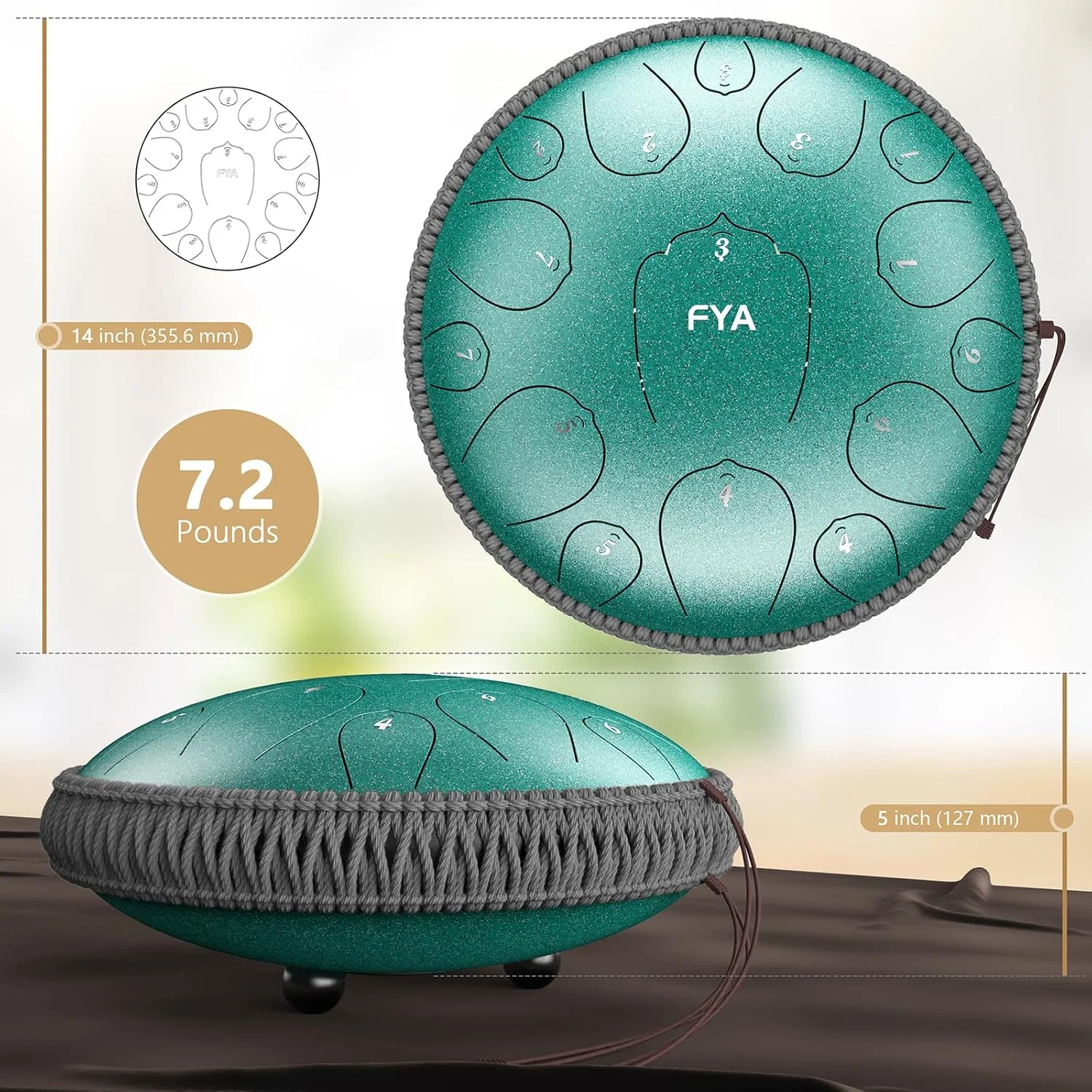 طبل فولادی زبانی FYA سایز ۱۴ اینچ، ۱۵ نت، گام ر ماژور، مناسب کودکان و بزرگسالان، به همراه چکش‌های لاستیکی، پیک انگشتی و کیف حمل پددار، هدیه‌ای خاص برای او (مالاکیت - ۱۵ نت ۱۴ اینچ)