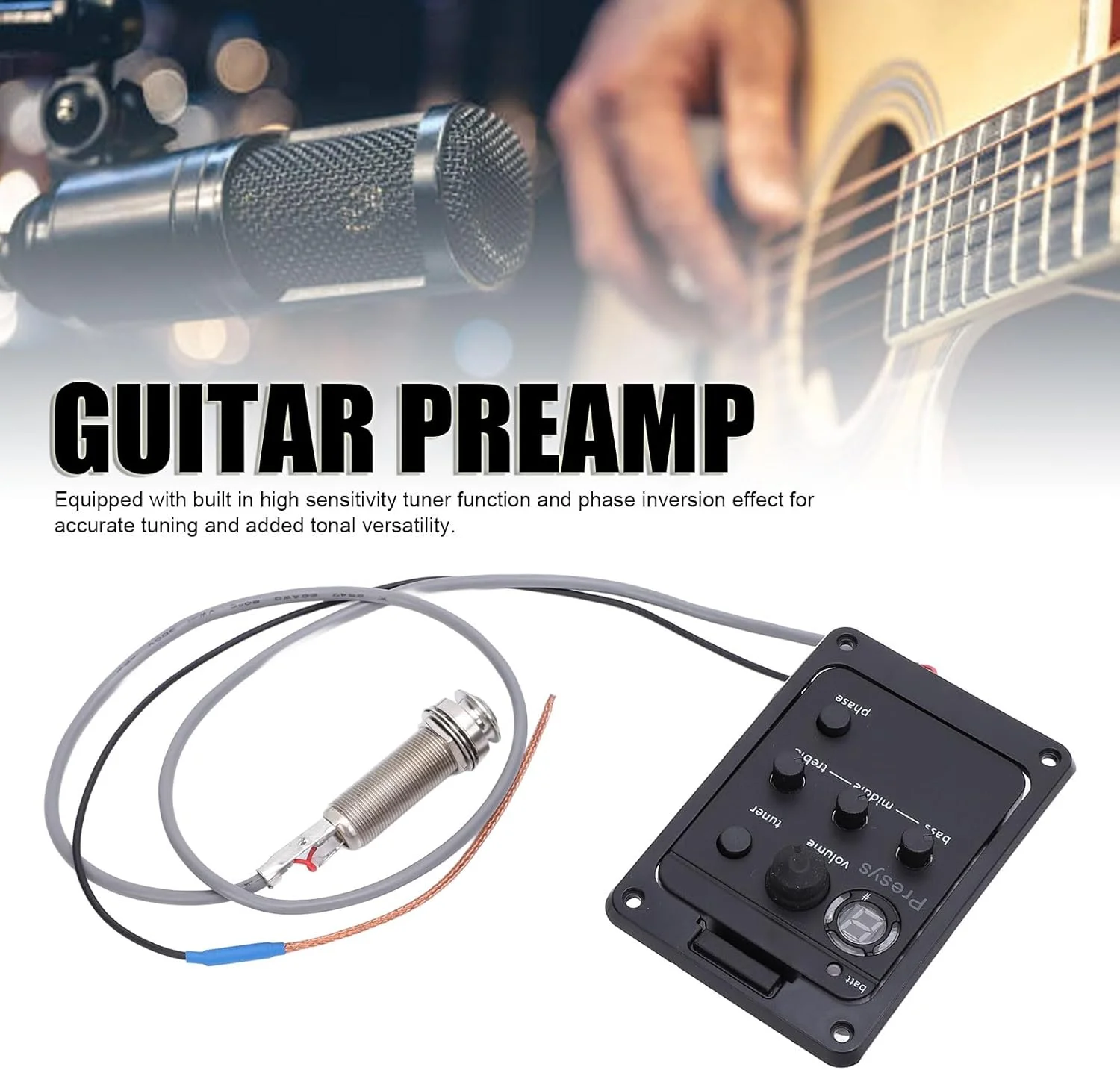 پری امپ گیتار با اکولایزر 4 باندی و پیکاپ، طراحی فشرده پری امپ آنبورد، آمپلی فایر، تیونر اکولایزر با حساسیت بالا، پیکاپ پیزو برای گیتارهای آکوستیک، کنترل پیشرفته