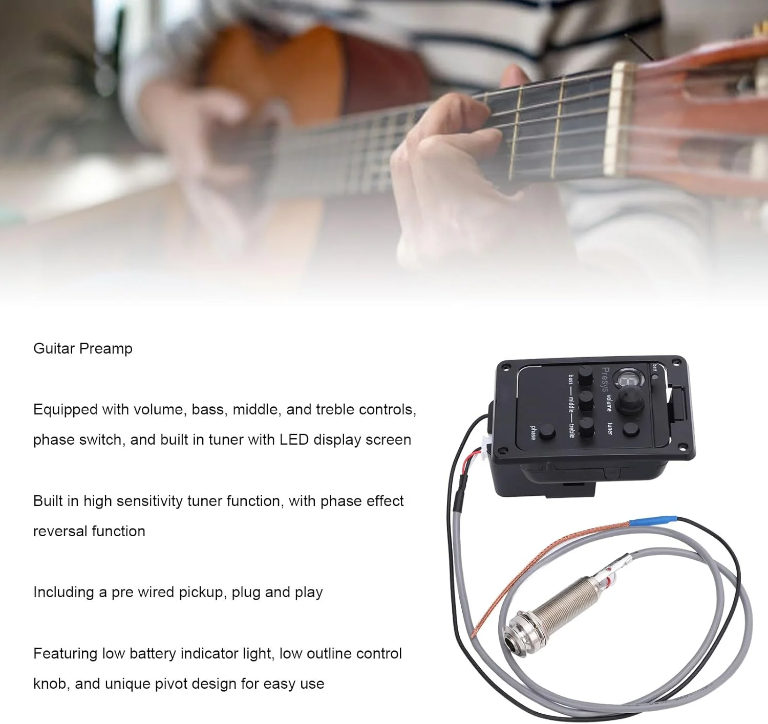 پری امپ گیتار با اکولایزر 4 باندی و پیکاپ، طراحی فشرده پری امپ آنبورد، آمپلی فایر، تیونر اکولایزر با حساسیت بالا، پیکاپ پیزو برای گیتارهای آکوستیک، کنترل پیشرفته