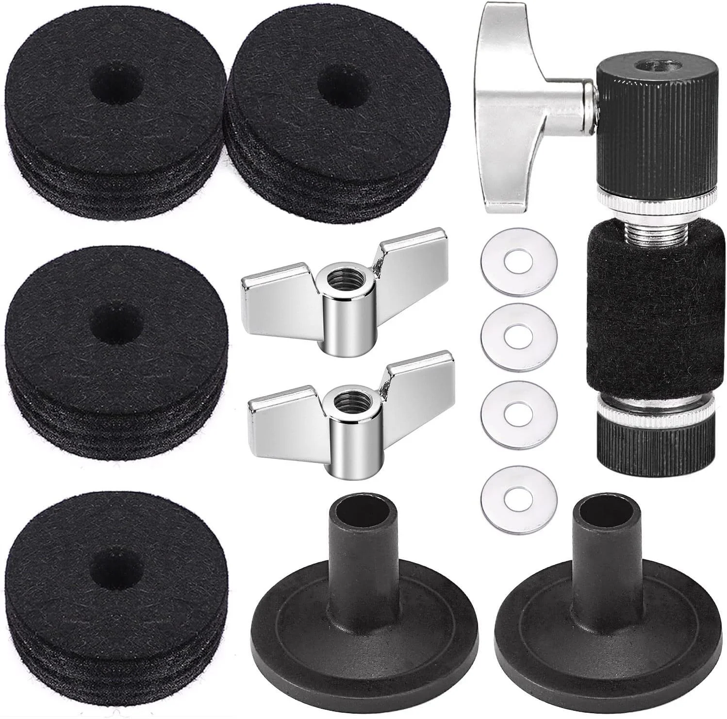 مجموعه ۱۳ عددی لوازم جانبی جایگزین سنج Facmogu، کلاچ استاندارد Hi-Hat، پدهای نمدی سنج درام شامل مهره های بالدار و واشرها و آستین های پلاستیکی سنج، جایگزین برای ست درام - مشکی