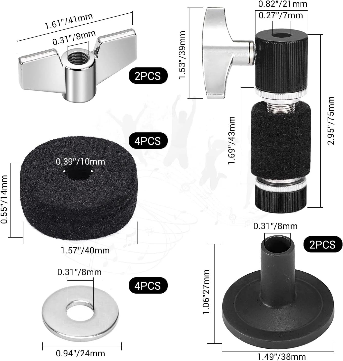 مجموعه ۱۳ عددی لوازم جانبی جایگزین سنج Facmogu، کلاچ استاندارد Hi-Hat، پدهای نمدی سنج درام شامل مهره های بالدار و واشرها و آستین های پلاستیکی سنج، جایگزین برای ست درام - مشکی