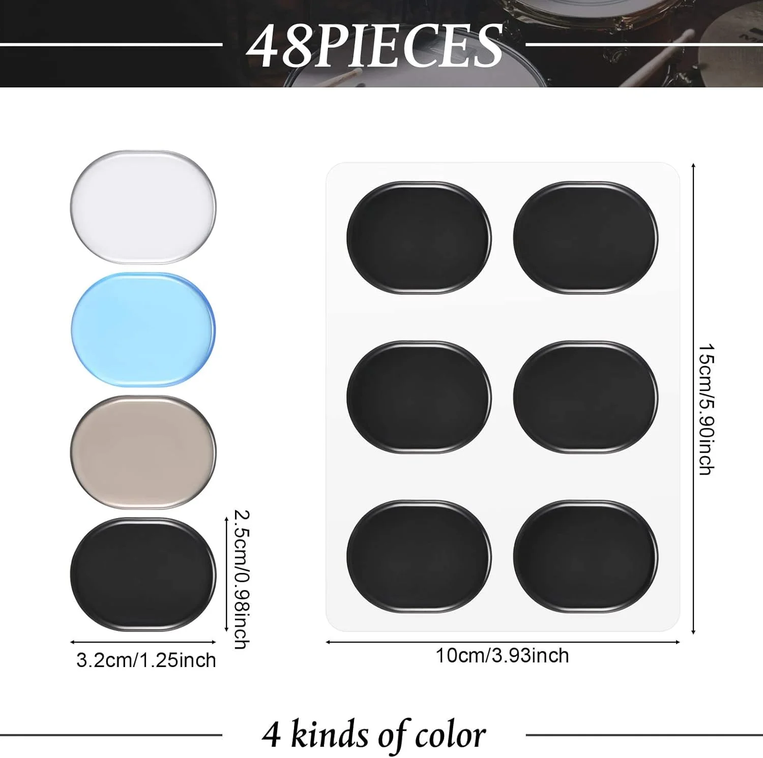 پدهای ژله‌ای خفه کننده صدا درام Excefore، 48 عدد پد ژله‌ای خفه کننده صدا درام، صداگیرهای سیلیکونی نرم درام، 4 رنگ پد خفه کننده صدا درام برای کنترل تُن درام