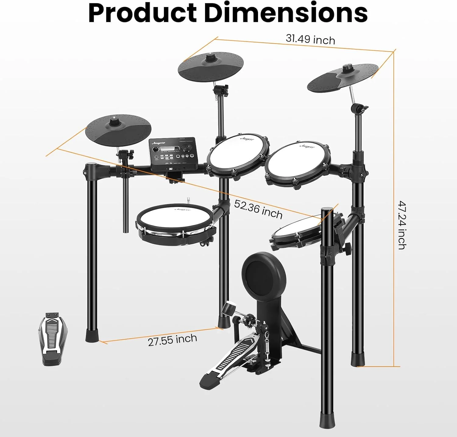 درامز الکتریکی، درامز کودکان با 30 کیت و 390 صدای معتبر، 5 پد مش بی صدا، ماژول درامز، ضبط، هدفون، USB MIDI، 2 پدال