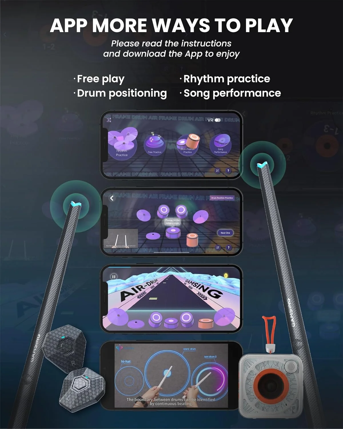 ست درام الکترونیکی قابل حمل مشکی - چوب های درام با حسگر حرکتی با پدال های پا کلیپسی، حالت های تمرین برنامه، مناسب برای سفر در داخل و خارج از منزل