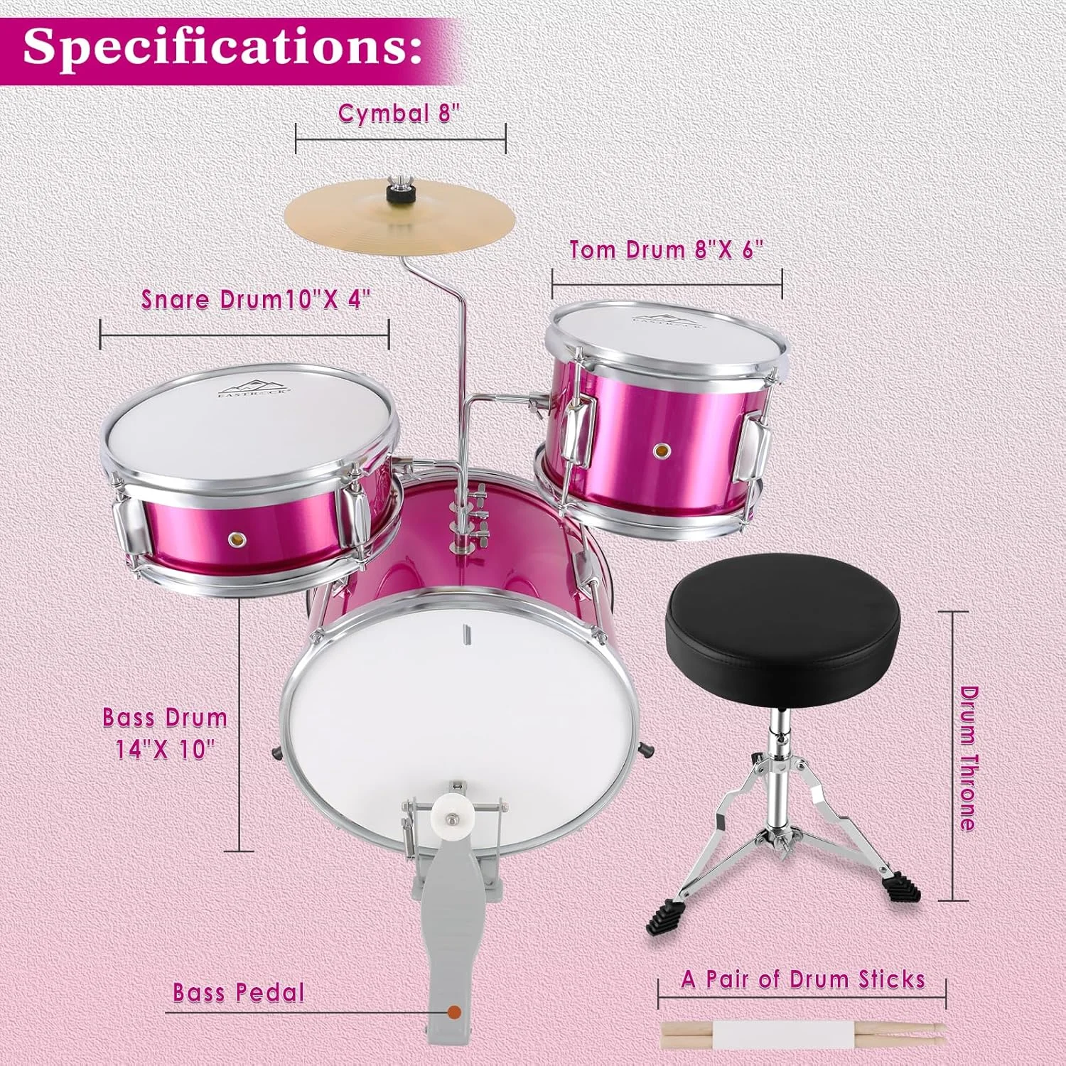 ست درام کودک EASTROCK، ست درام 3 تکه 14 اینچی برای نوازندگان، مبتدیان، ست درام با صندلی قابل تنظیم، سنج، پدال، چوب درام (پودر گل رز)