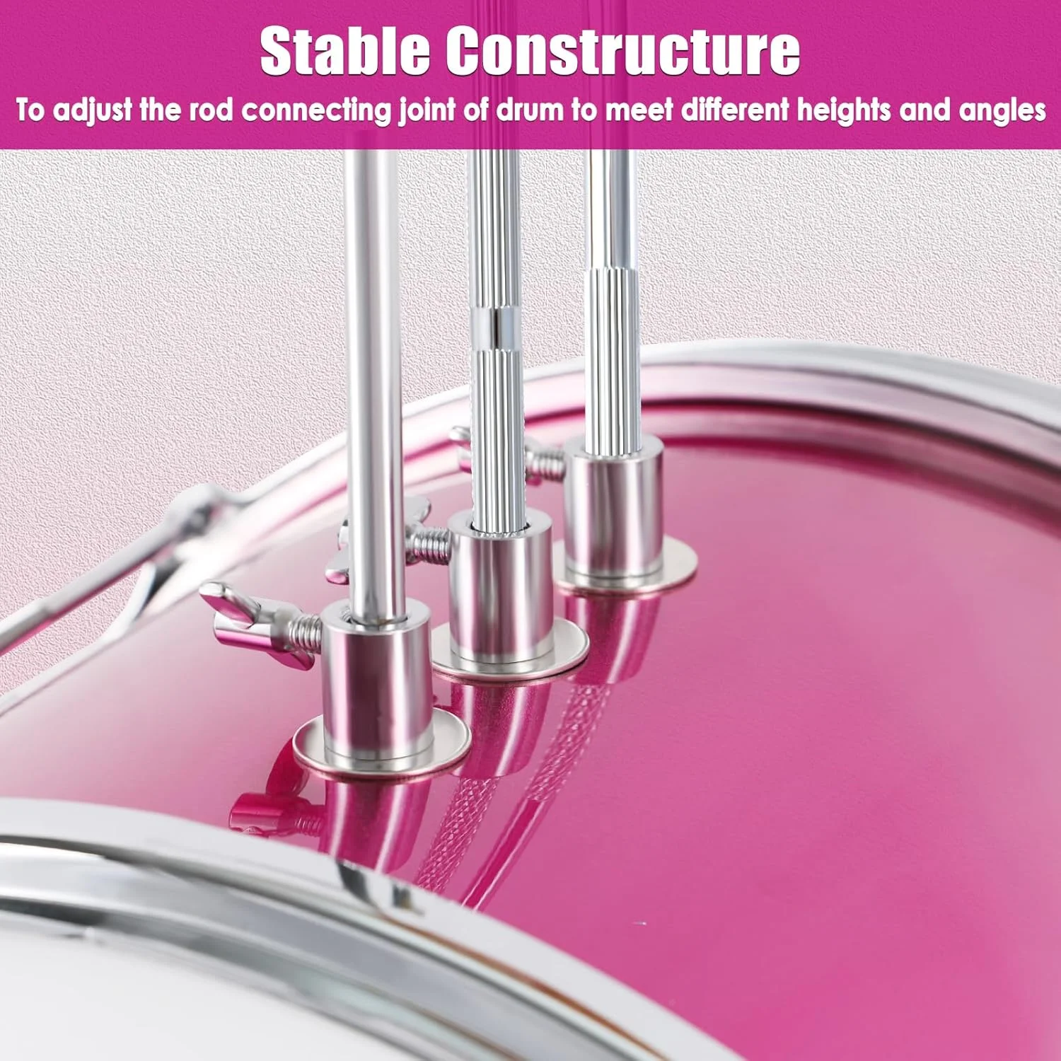 ست درام کودک EASTROCK، ست درام 3 تکه 14 اینچی برای نوازندگان، مبتدیان، ست درام با صندلی قابل تنظیم، سنج، پدال، چوب درام (پودر گل رز)