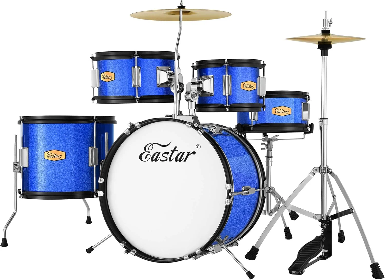 ست درام ایستار برای کودکان - ست درام ۵ تکه ۱۶ اینچی برای مبتدیان به همراه صندلی قابل تنظیم و سنج، پدال و چوب درام، آبی متالیک (EDS-350MBE)