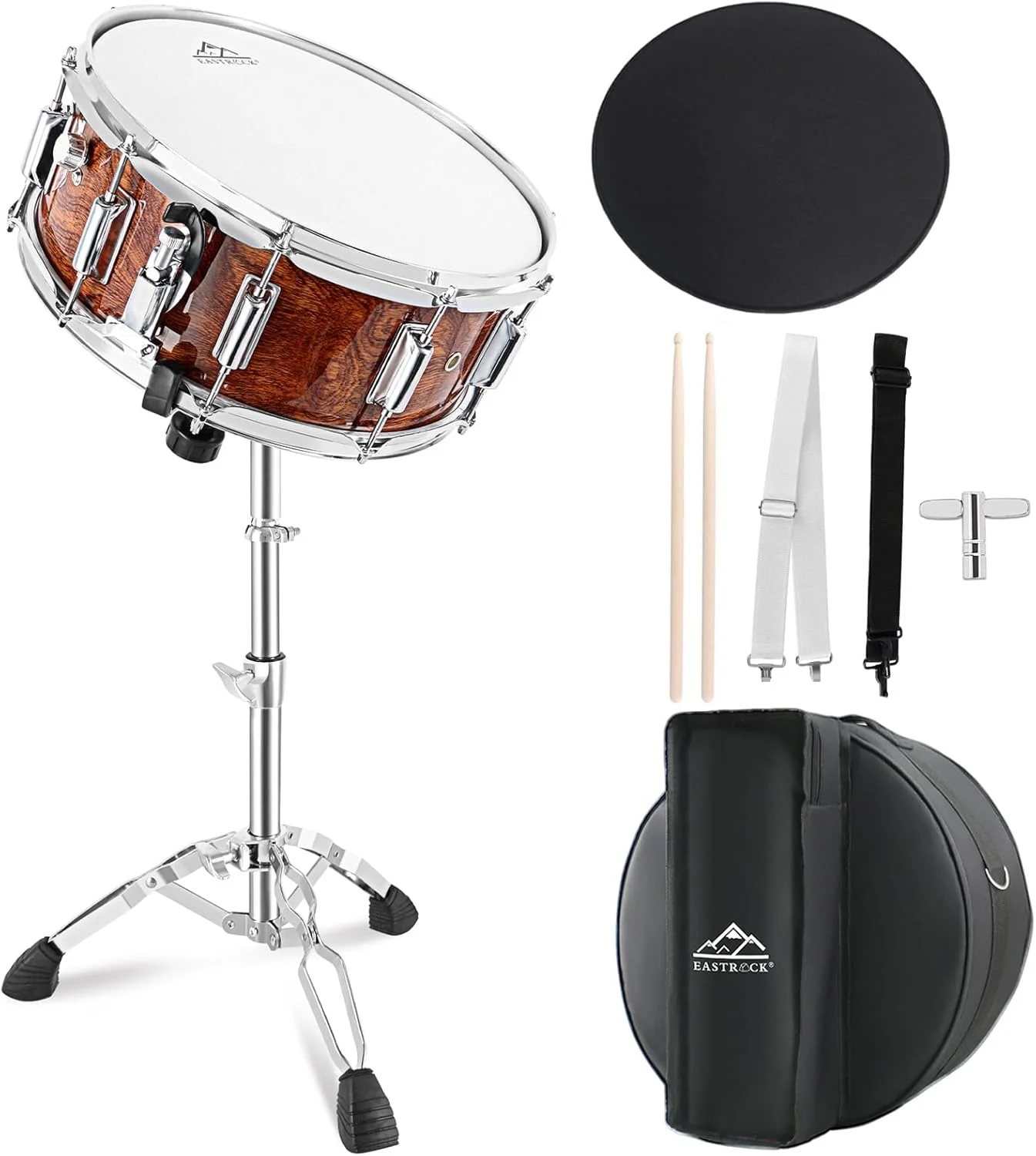 ست طبل اسنر ایست‌راک ۱۴x۵.۵ اینچ، مناسب برای دانشجویان و مبتدیان، به همراه کیف، چوب، پایه و آچار کوک