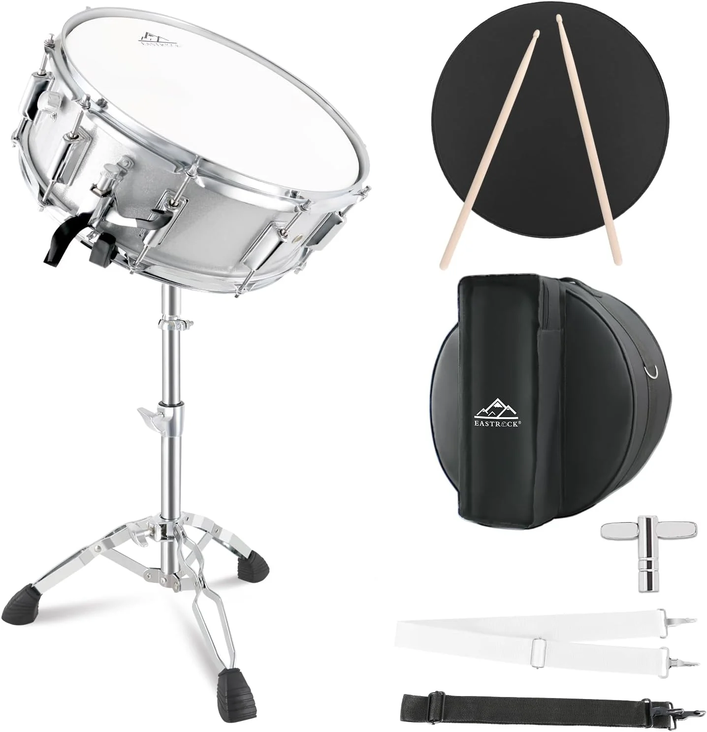 ست درام اسنر EASTROCK 14X5.5 اینچ برای دانش آموزان و مبتدیان به همراه کیف، چوب، پایه، آچار کوک، پوست درام مات، سفید مایل به کرم