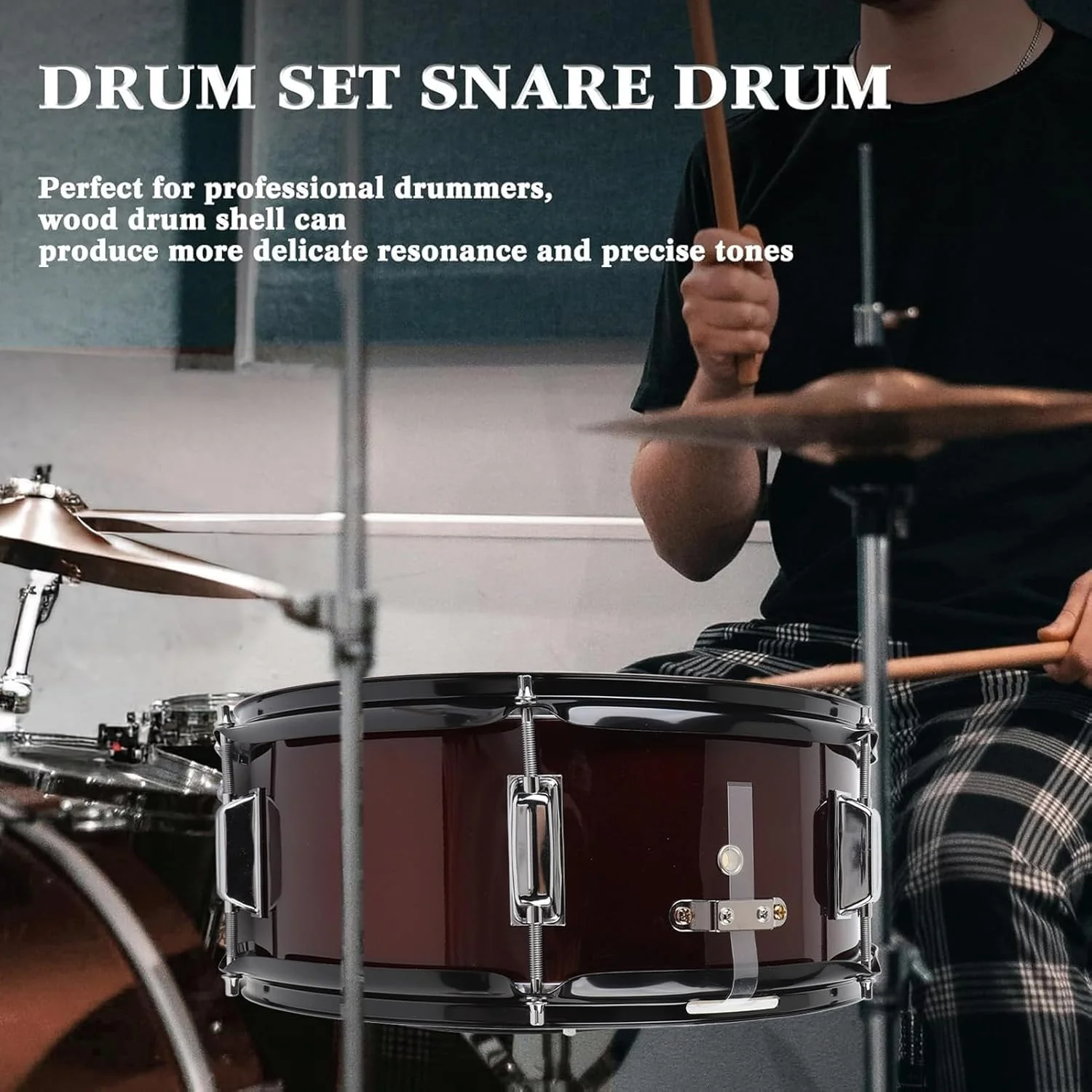 ست طبل اسنر، بدنه چوبی مناسب دانش آموزان، 14 در 5.5 اینچ به همراه 2 عدد چوب طبل، شامل آچار کوک و بند، پوسته طبل پلی استر شفاف آبی، طبل اسنر حرفه ای با روکش قرمز شرابی