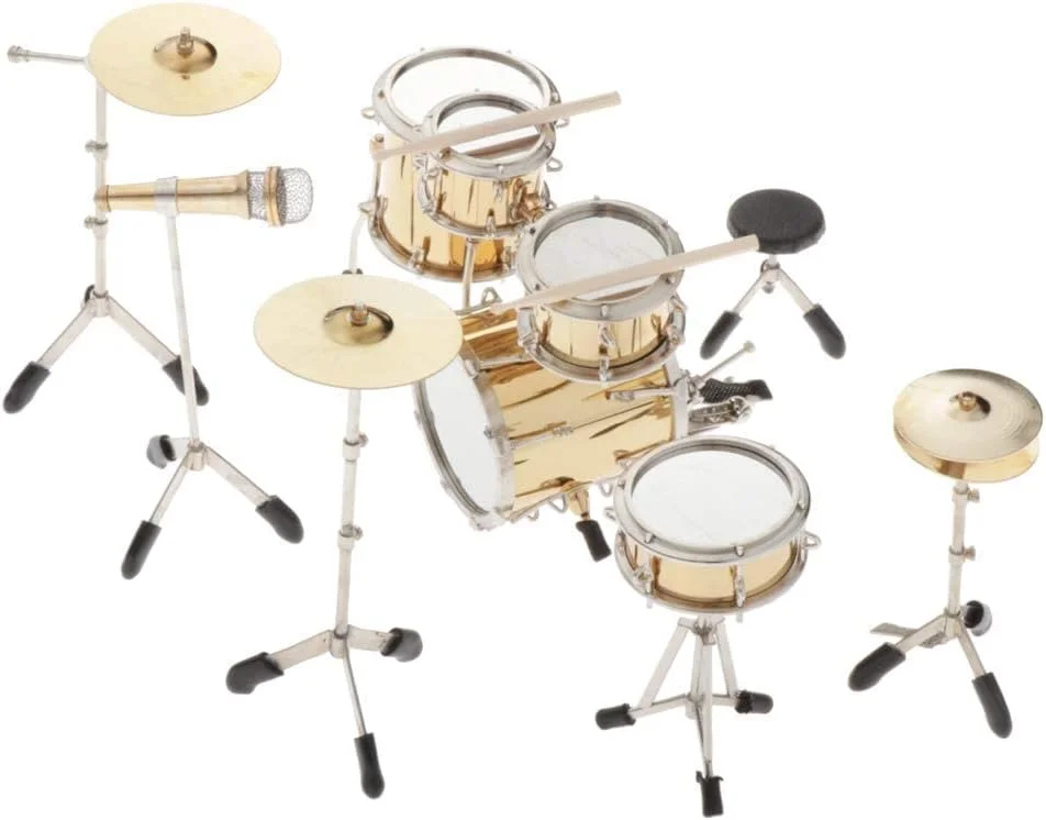 مدل مینیاتوری ست کامل درام، ساز موسیقی - مقیاس 1:6 ست درام فلزی دست ساز - 9 قطعه