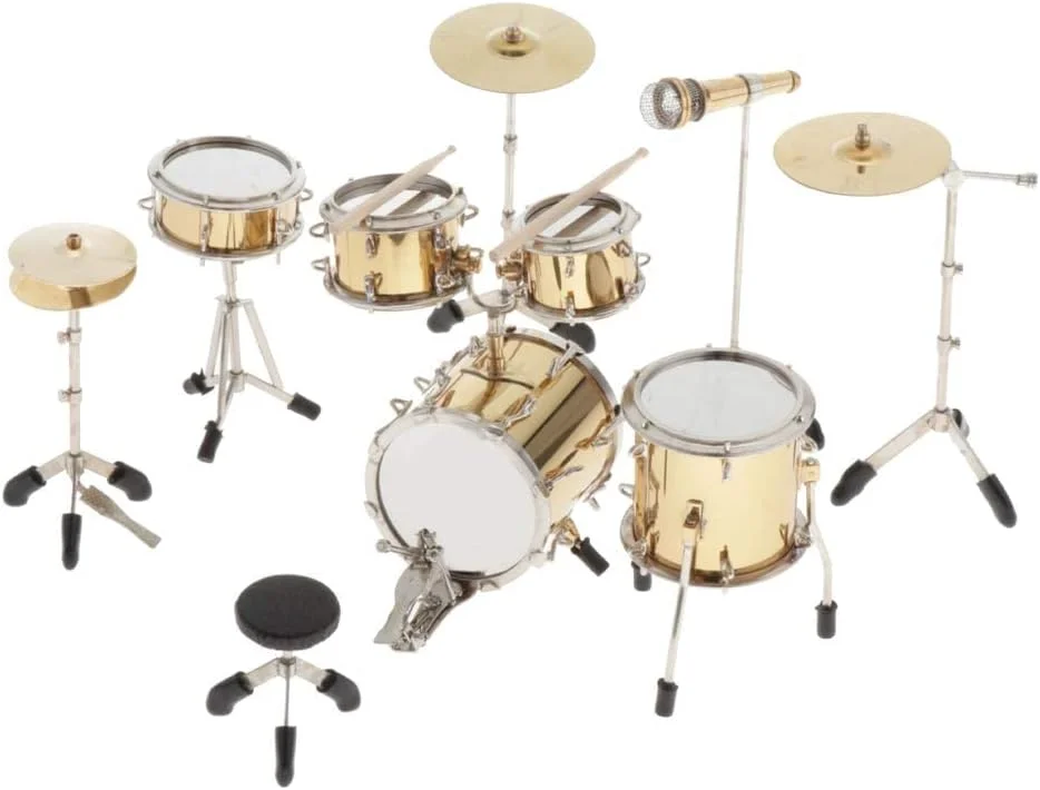 مدل مینیاتوری ست کامل درام، ساز موسیقی - مقیاس 1:6 ست درام فلزی دست ساز - 9 قطعه