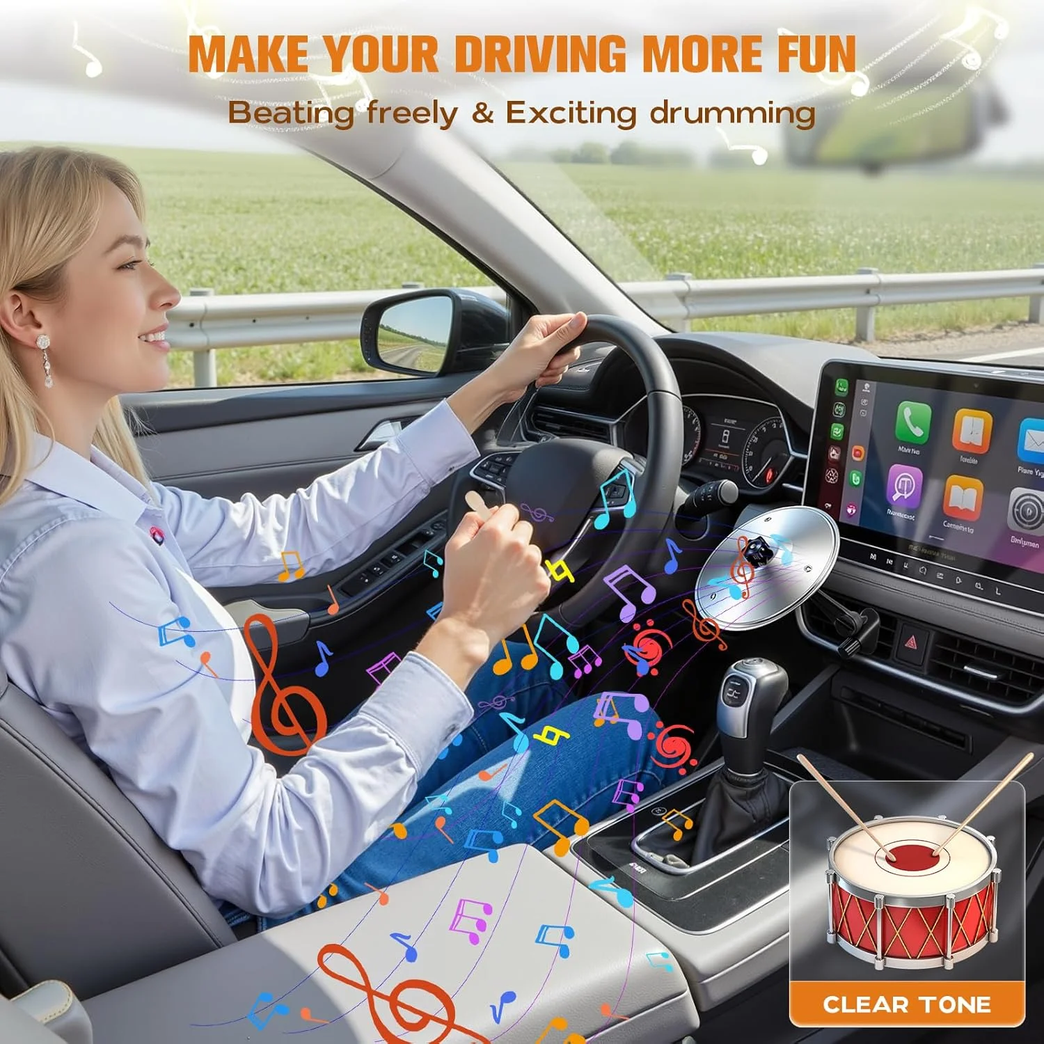 دریچه هوا طرح سنج درام برای خودرو، سنج تصادف فلزی درام برای داشبورد ماشین، ابزار جالب آلات موسیقی برای نوازندگان درام و دوستداران موسیقی (نقره ای)