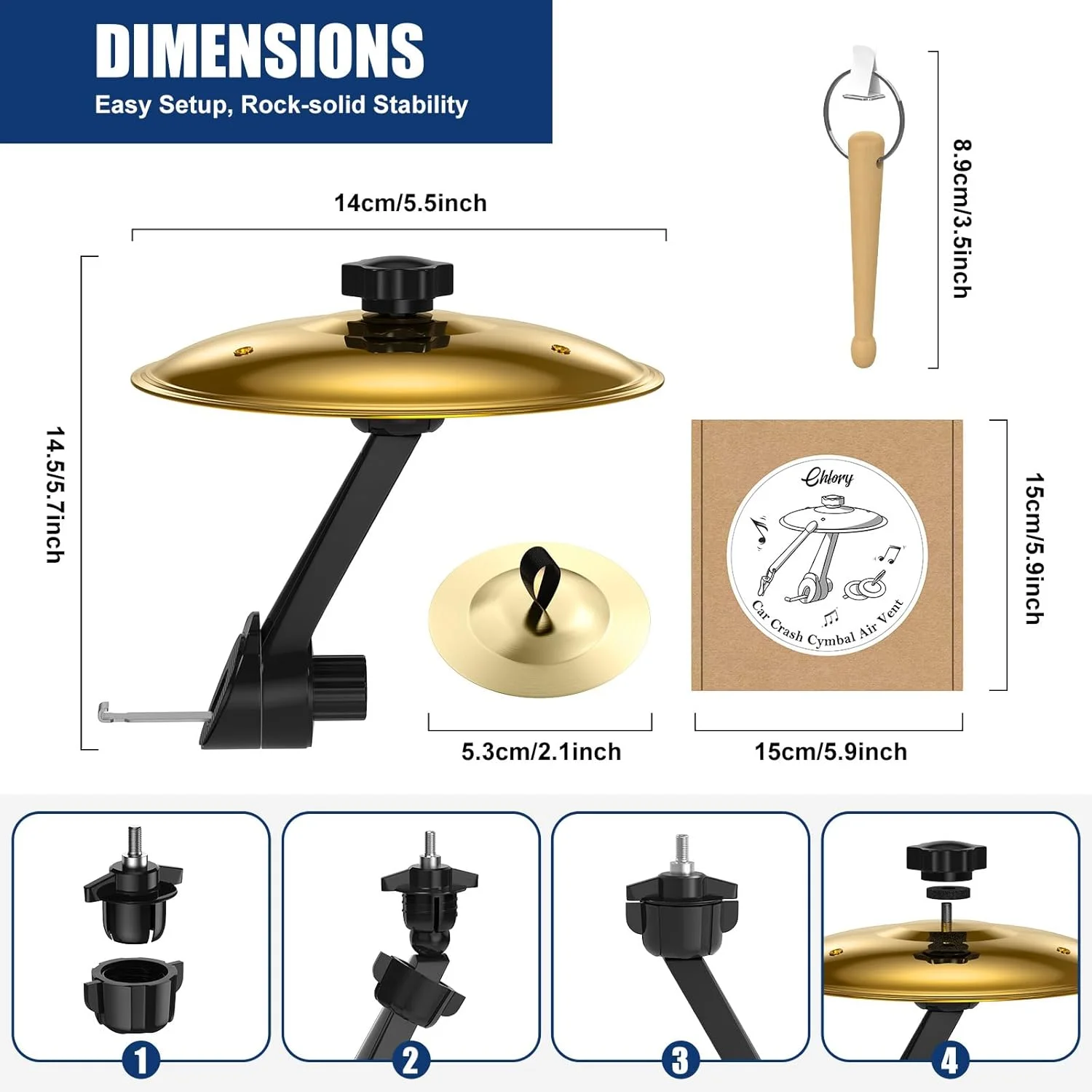 سنج هواکش خودرو، ست سنج تصادف درام کوچک با چوب درام کوچک و 2 سنج انگشتی، لوازم جانبی خودرو جمع و جور و بادوام سازگار با اکثر وسایل نقلیه (طلایی)