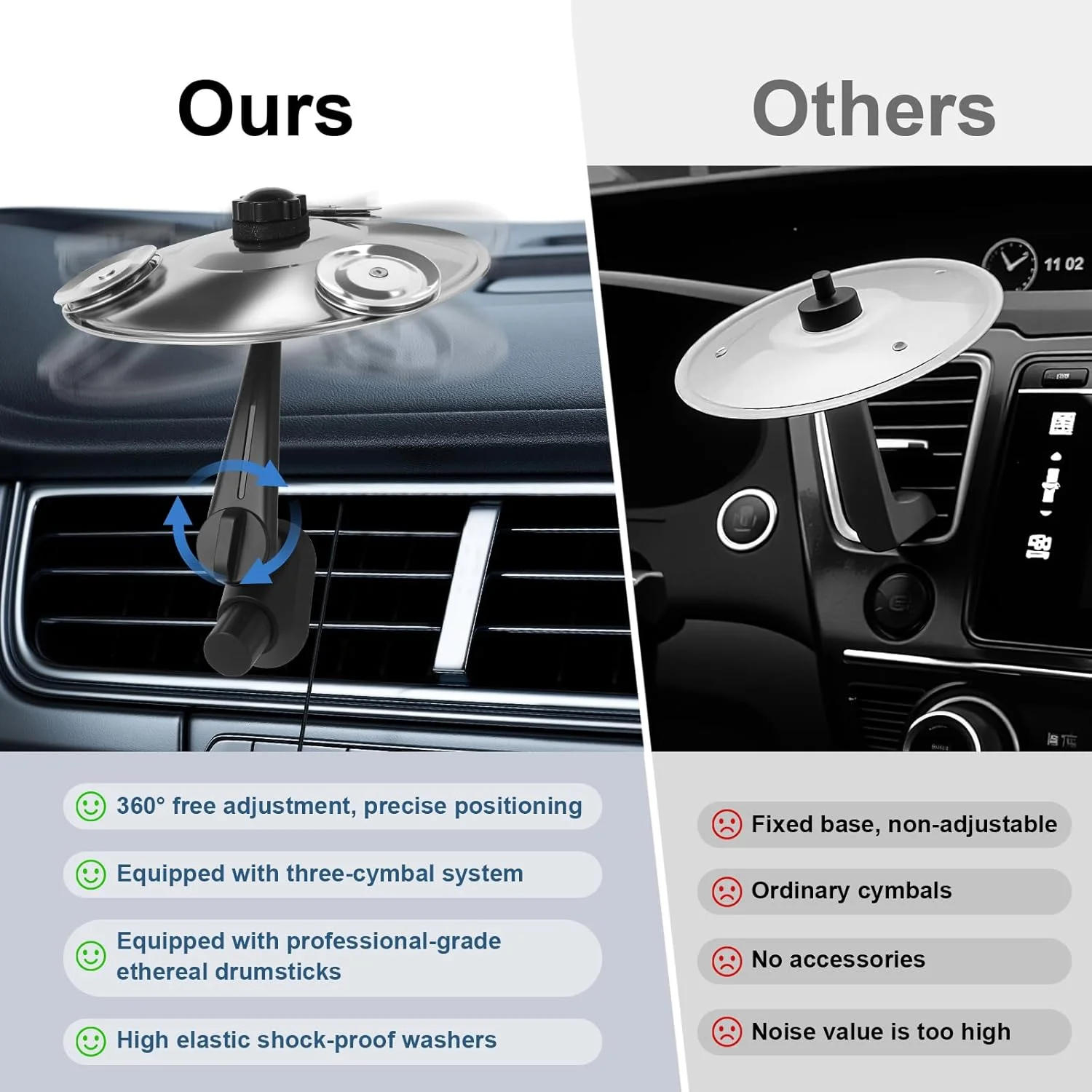 سنج خودرو، دریچه هوای مینی سنج سه تکه خودرو، همراه با یک جفت چوب طبل اثیری، دریچه هوای طبل نماد خودرو برای رفع استرس، مناسب برای انواع وسایل نقلیه (نقره ای)