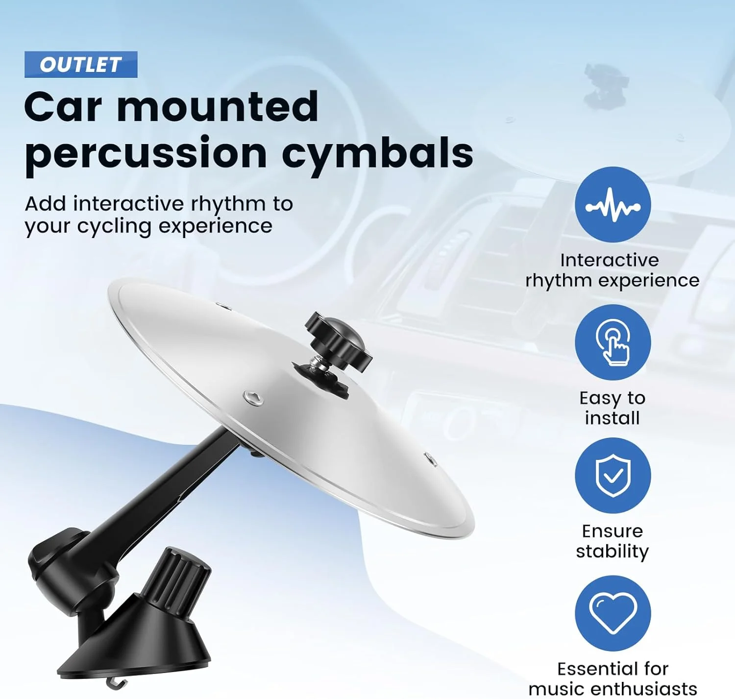 سنج بادی دریچه هوا خودرو، سنج تصادف خودرو، سنج کوچک درام تصادف برای دریچه خودرو، نصب آسان نماد درام سرگرم کننده روی داشبورد و دریچه ها، صدای فلزی واضح، هدیه جالب برای سفرهای جاده ای و دوستداران موسیقی