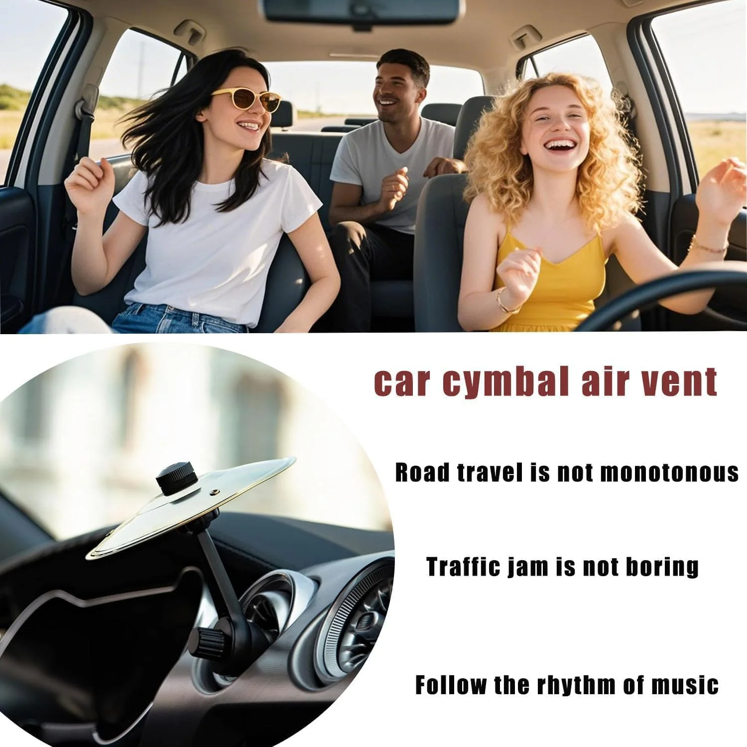 سنج هواکش خودرو، سنج ضربه ای مینی فلزی درام، لوازم جانبی داشبورد موزیکال برای وسایل نقلیه (نقره ای، 2 عدد)