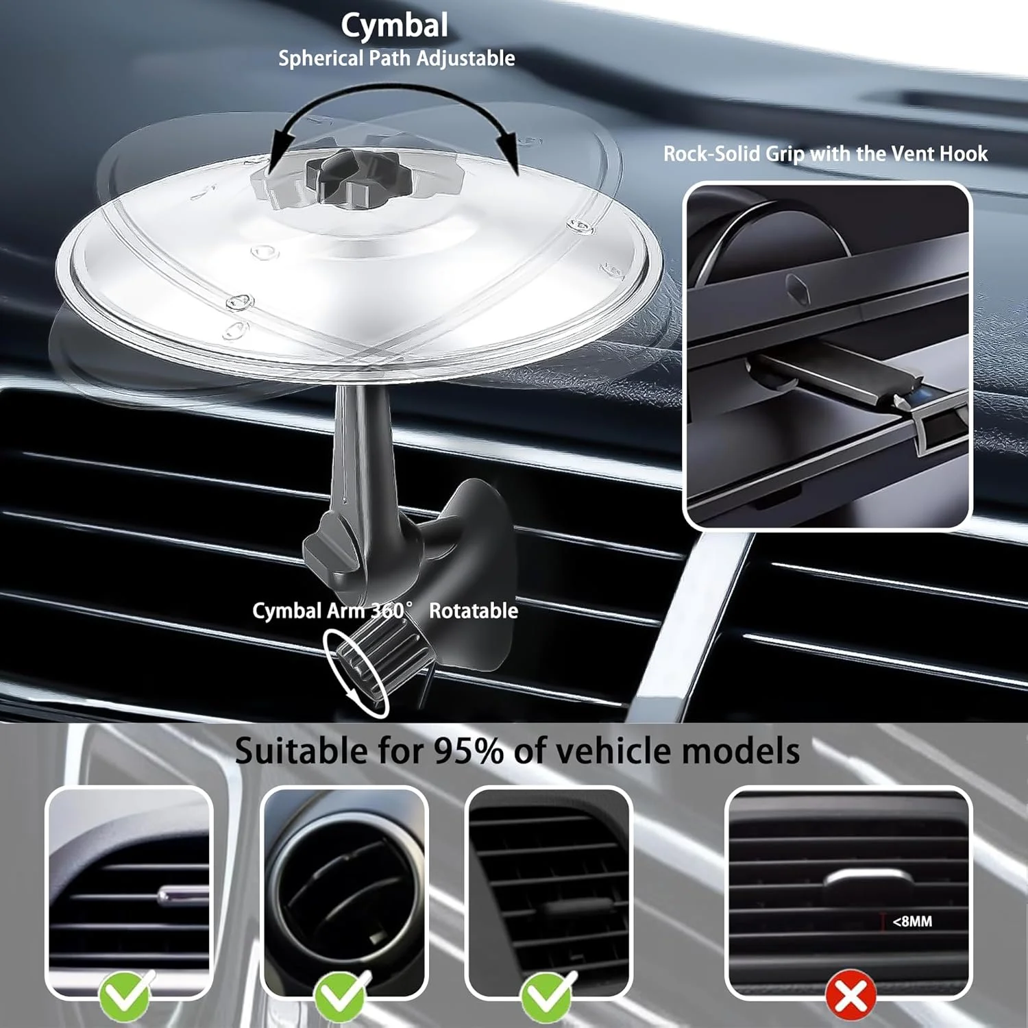 سنج مینیاتوری دریچه هوای خودرو، سنج تصادف کوچک درام برای دریچه خودرو، ابزار موسیقی خنده دار خودرو برای رانندگان و نوازندگان درام، نصب آسان روی داشبورد و دریچه ها (نقره ای)