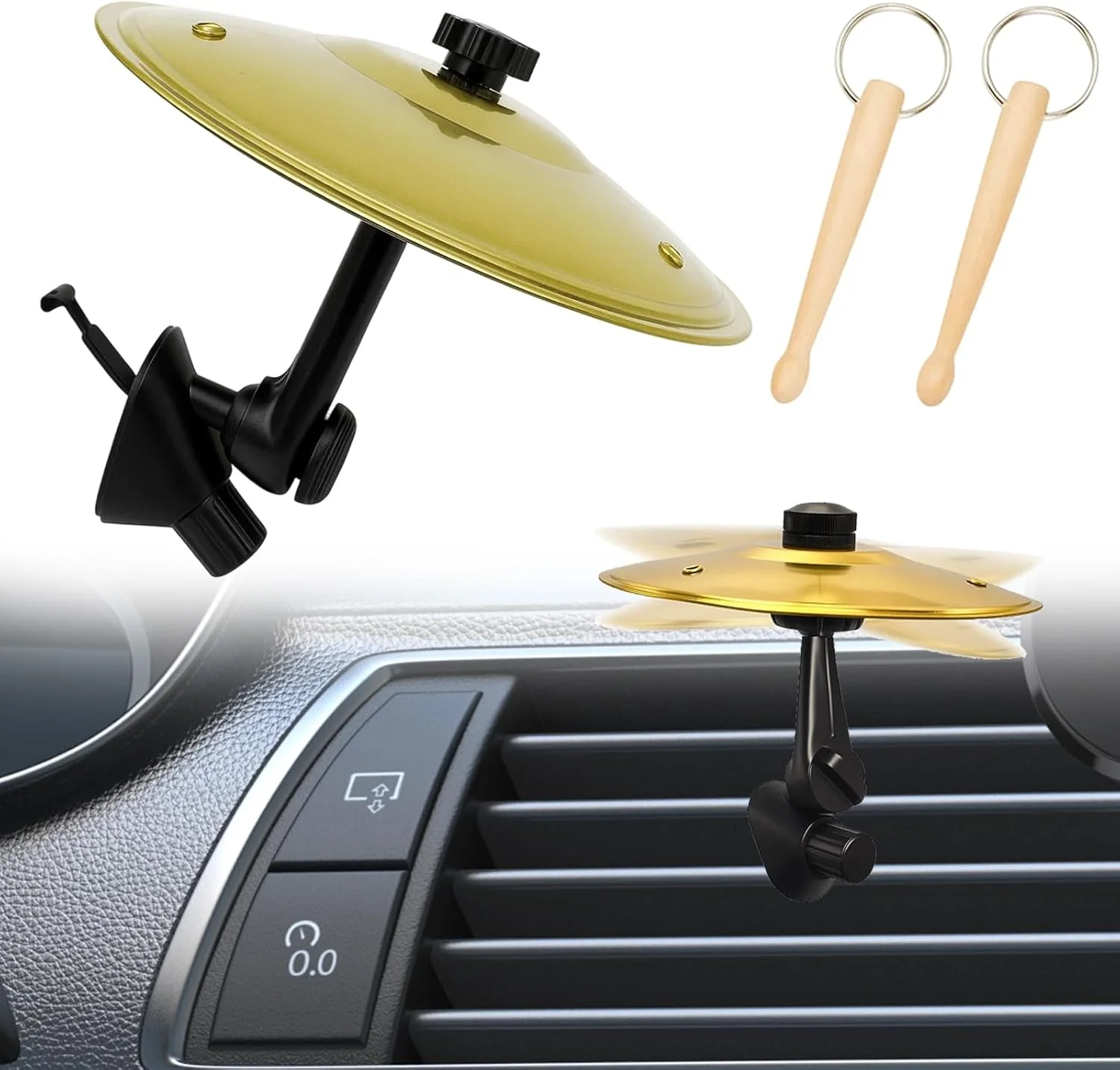 سنج ماشین، سنج درام کوچک برای دریچه هوای ماشین، سنج طلایی با 2 چوب درام، لوازم جانبی سرگرم کننده موسیقی برای رانندگان و علاقه مندان به موسیقی، هدیه ای عالی برای ماشین ها، کارائوکه و شوخی دوستان