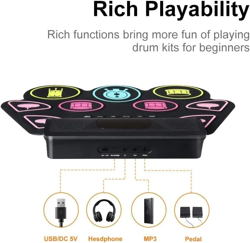 ست درام الکترونیکی COOLMUSIC، پد درام قابل حمل با قابلیت جمع شدن، کیت درام الکترونیکی با 9 سیلیکون داخلی، بلندگوهای استریو دوگانه، انتخاب عالی برای مبتدیان