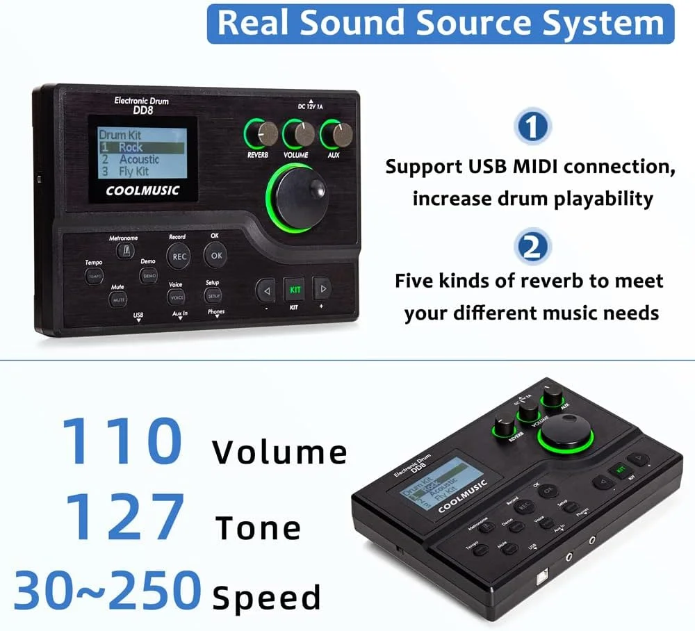 ست درام الکترونیکی کولمیوزیک، ۵ درام، ۳ سنج، مناسب تمرین خانگی، تاشو، همراه با کابل صدا و چوب درام مدل DD8 ست درام الکترونیکی کولمیوزیک، ۵ درام، ۳ سنج، مناسب تمرین خانگی، تاشو، همراه با کابل صدا و چوب درام مدل DD8