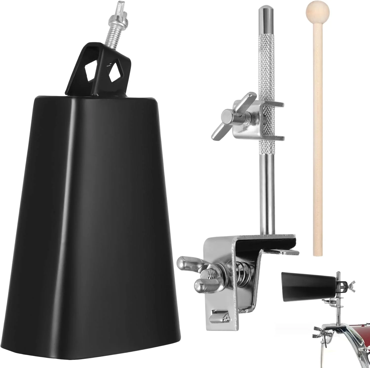 زنگوله فلزی 6 اینچی به همراه چوب درام و براکت نصب قابل تنظیم، نویز ساز به همراه گیره زنگوله برای درام ست