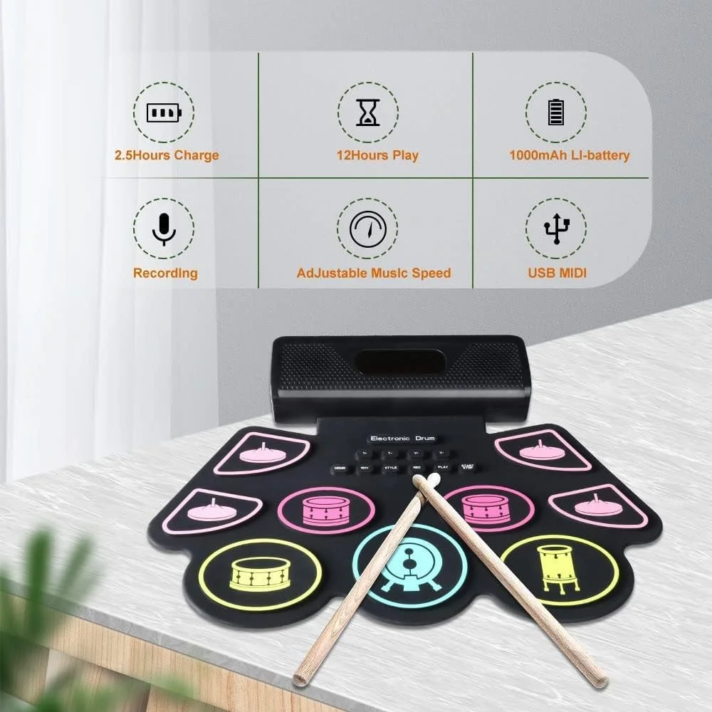 ست درام الکترونیکی COOLMUSIC، پد درام قابل حمل با قابلیت جمع شدن، کیت درام الکترونیکی با 9 سیلیکون داخلی، بلندگوهای استریو دوگانه، انتخاب عالی برای مبتدیان