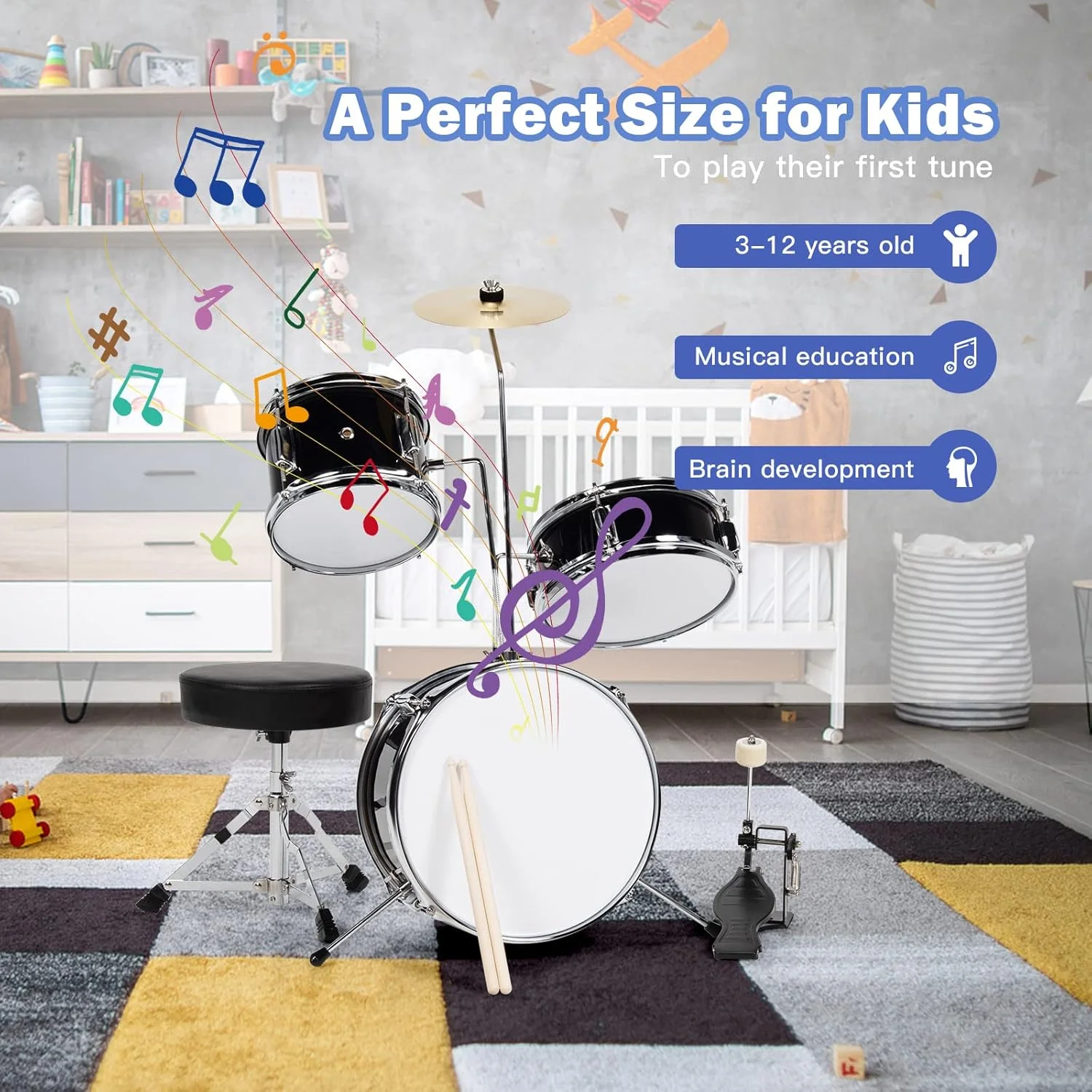 ست درام کودکانه COSTWAY، ست درام جونیور 16 اینچی با درام باس/اسنیر/تامز/درام زمینی، های-هت، سنج، پدال، صندلی، چوب درام، ست 3 تکه ساز درام مبتدی کودکان برای سنین 3-12 سال (مشکی) ست درام کودکانه COSTWAY، ست درام جونیور 16 اینچی با درام باس/اسنیر/تامز/درام زمینی، های-هت، سنج، پدال، صندلی، چوب درام، ست 3 تکه ساز درام مبتدی کودکان برای سنین 3-12 سال (مشکی)